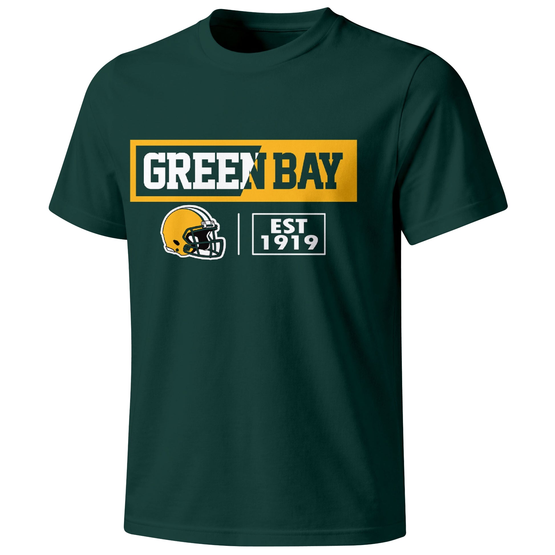 Green Bay football badge T shirt in Green showing the front city and football helmet design