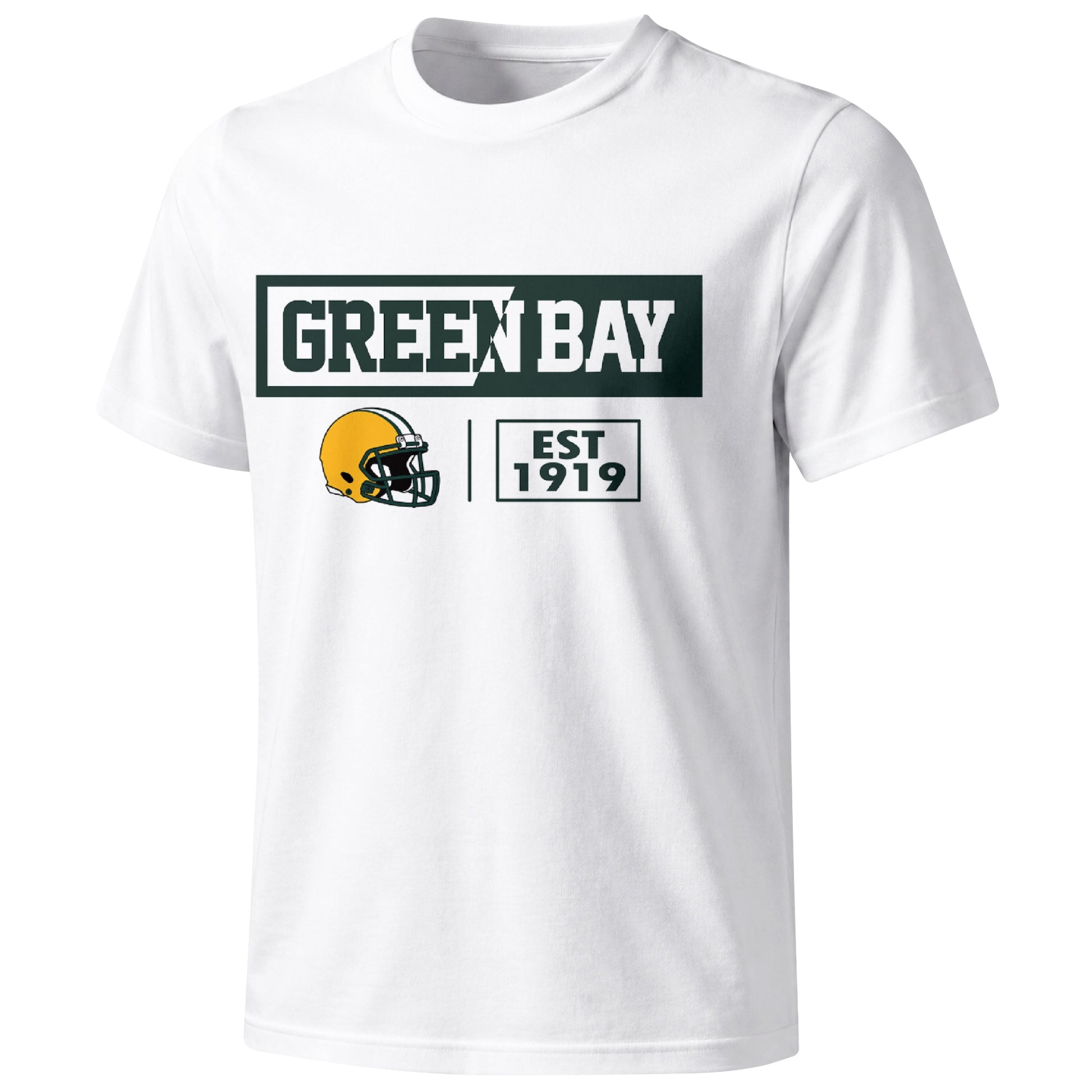Green Bay football badge T shirt in White showing the front city and football helmet design