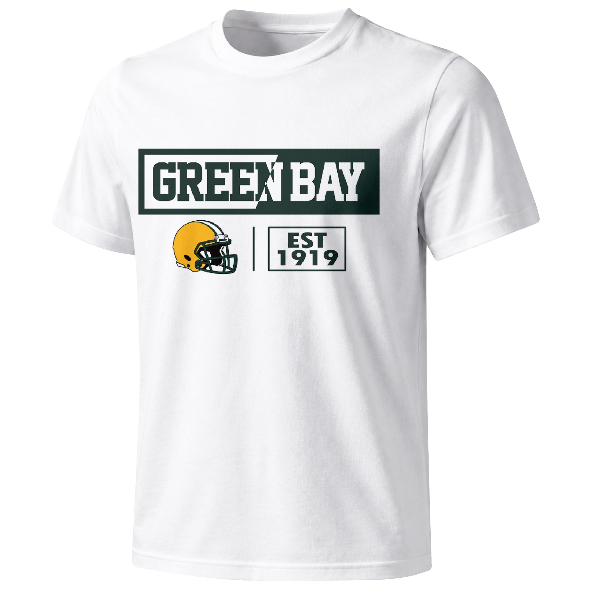Green Bay football badge T shirt in White showing the front city and football helmet design