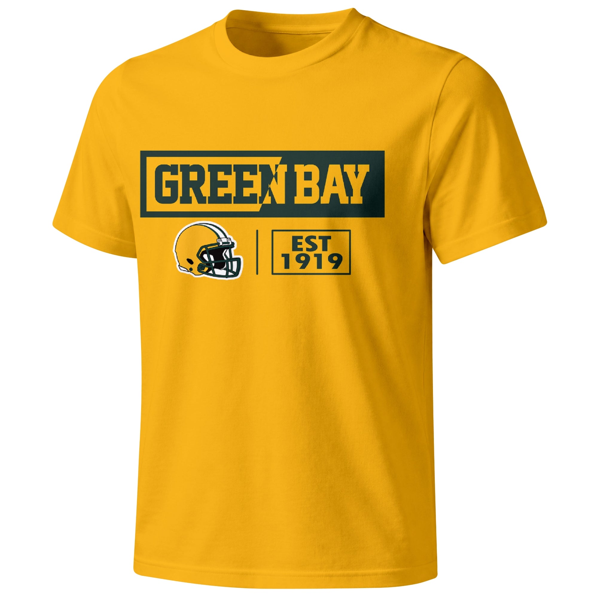 Green Bay football badge T shirt in Gold showing the front city and football helmet design