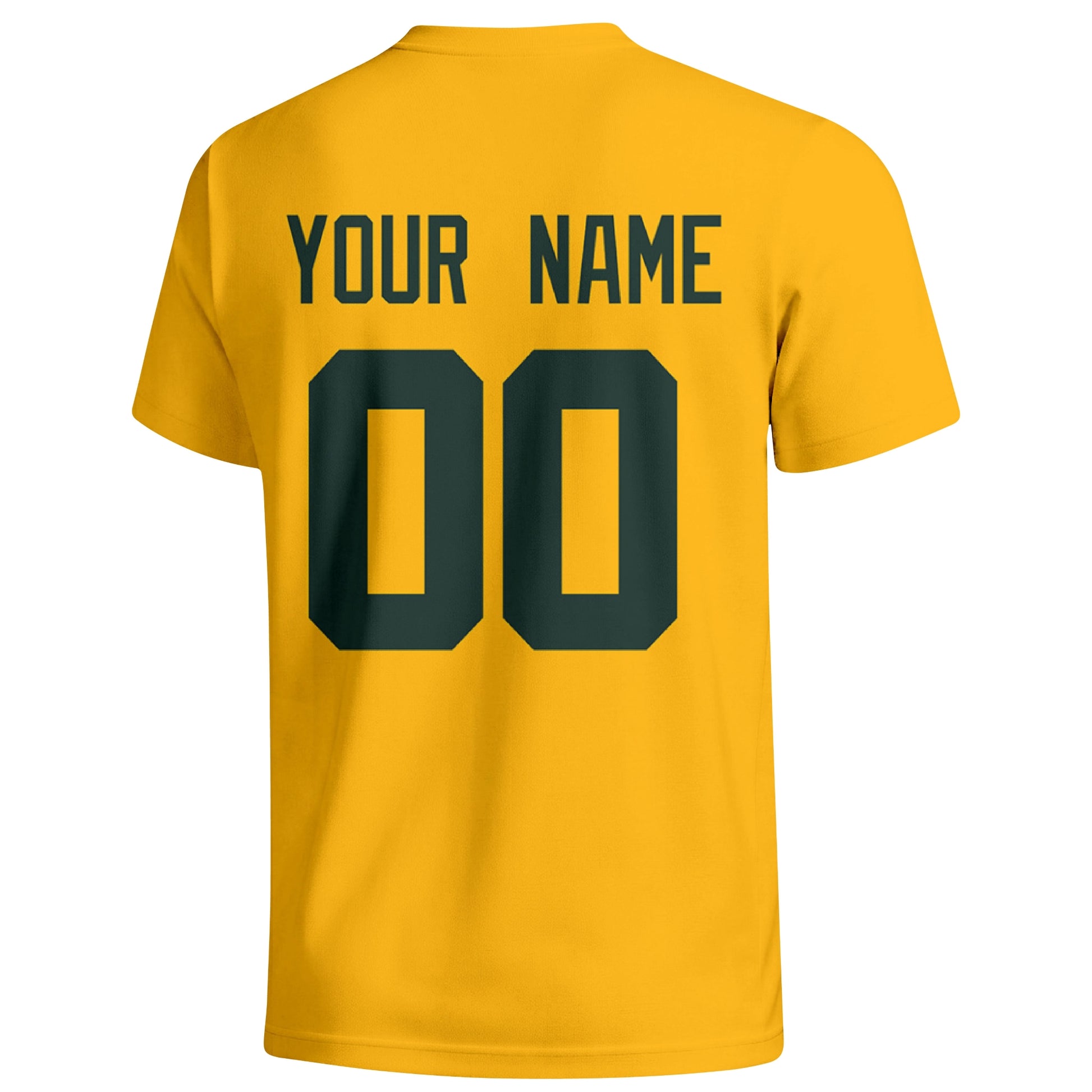 Green Bay personalized football badge T shirt in Gold showing the back custom name and number