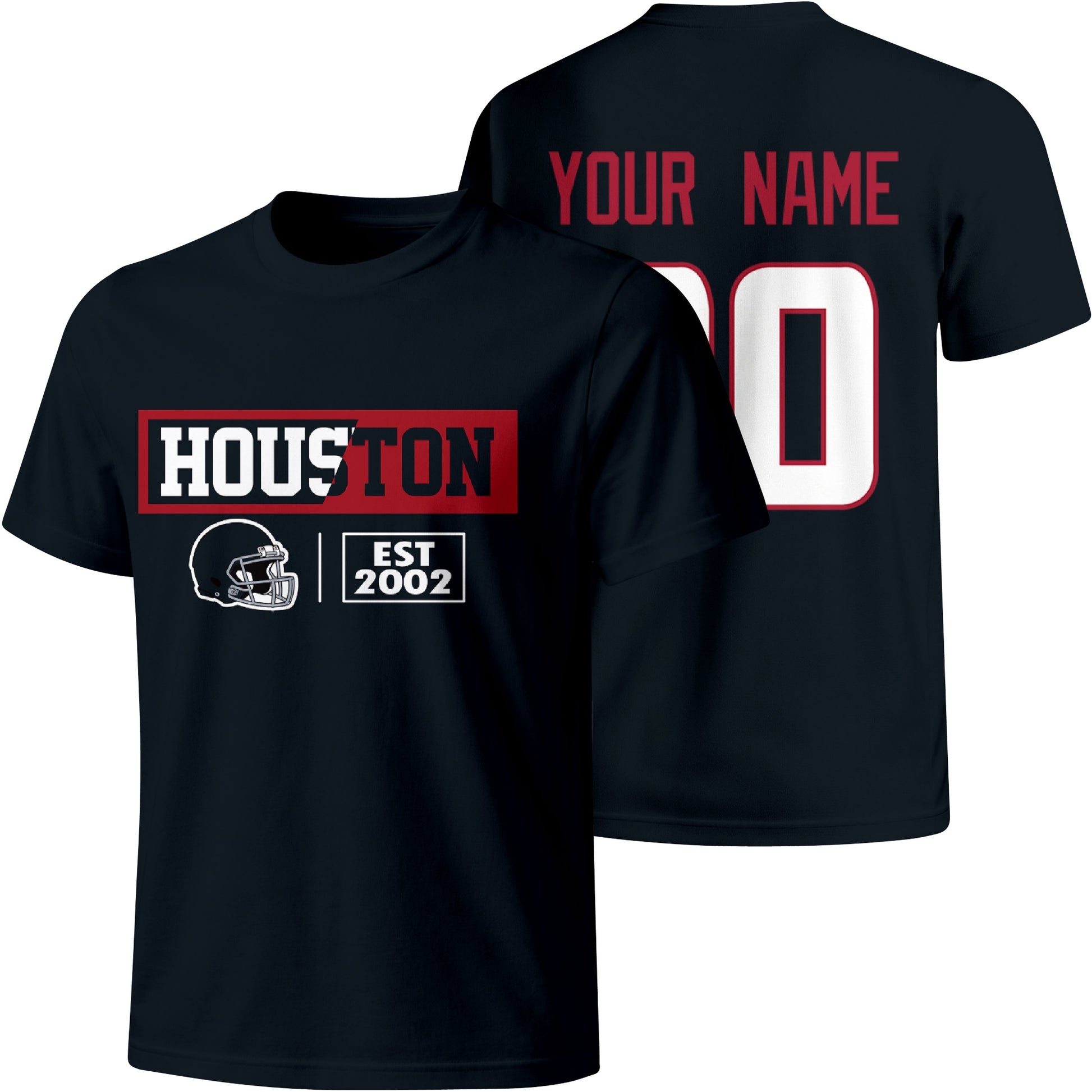 Houston personalized football badge T shirt in Navy showing front city helmet design and back custom name and number