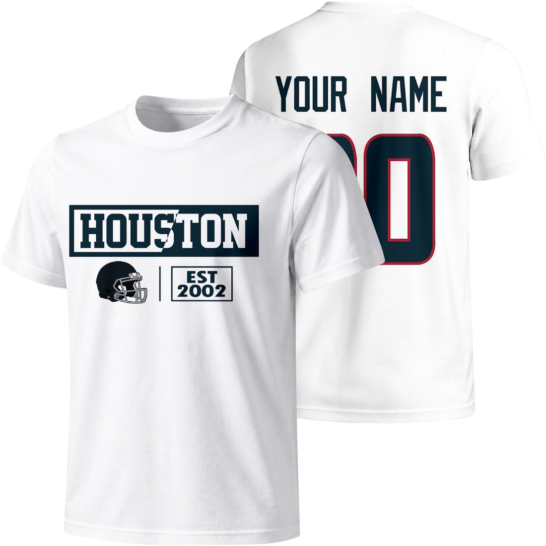 Houston personalized football badge T shirt in Navy showing front city helmet design and back custom name and number