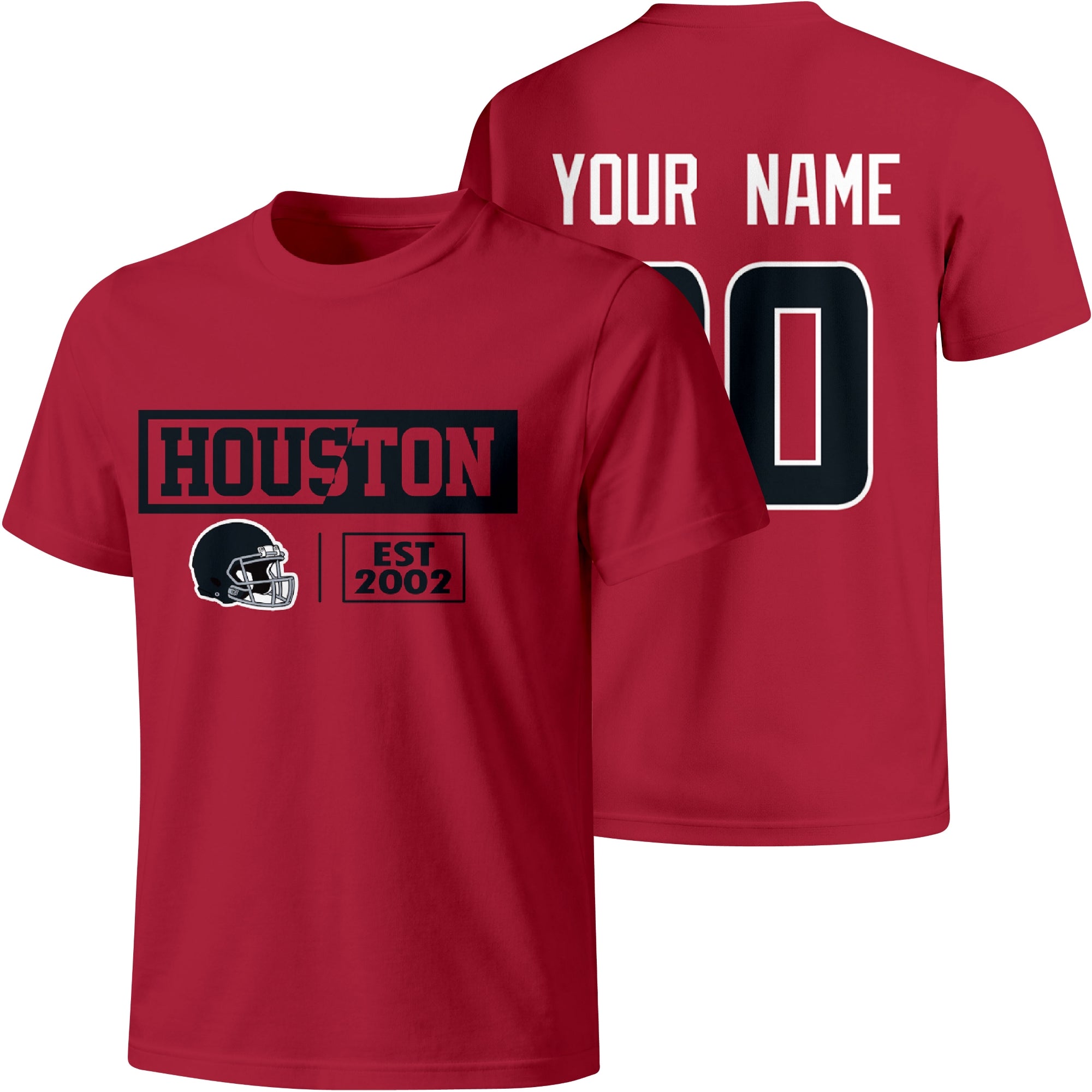 Houston personalized football badge T shirt in Red showing front city helmet design and back custom name and number