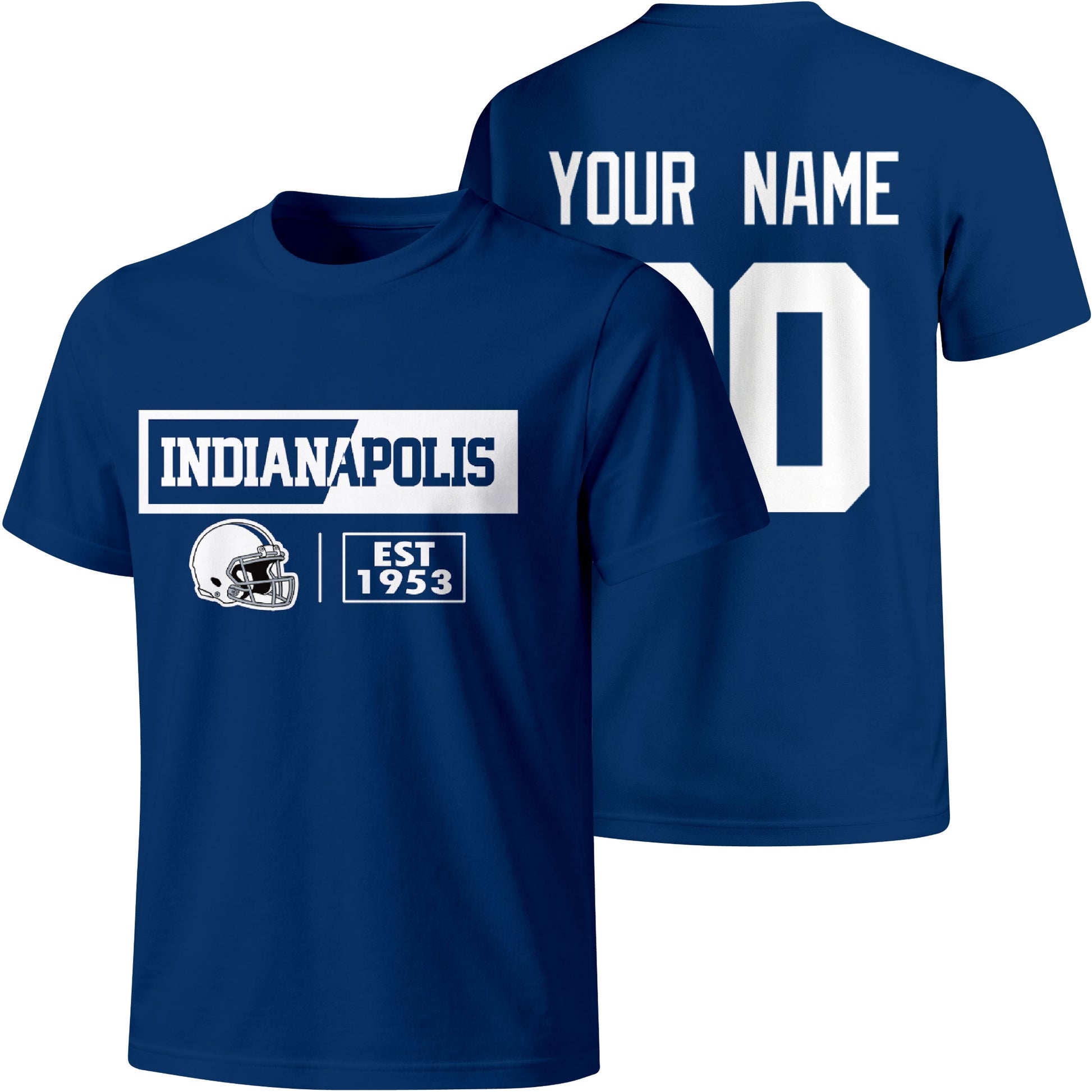 Indianapolis personalized football badge T shirt in Royal showing front city helmet design and back custom name and number