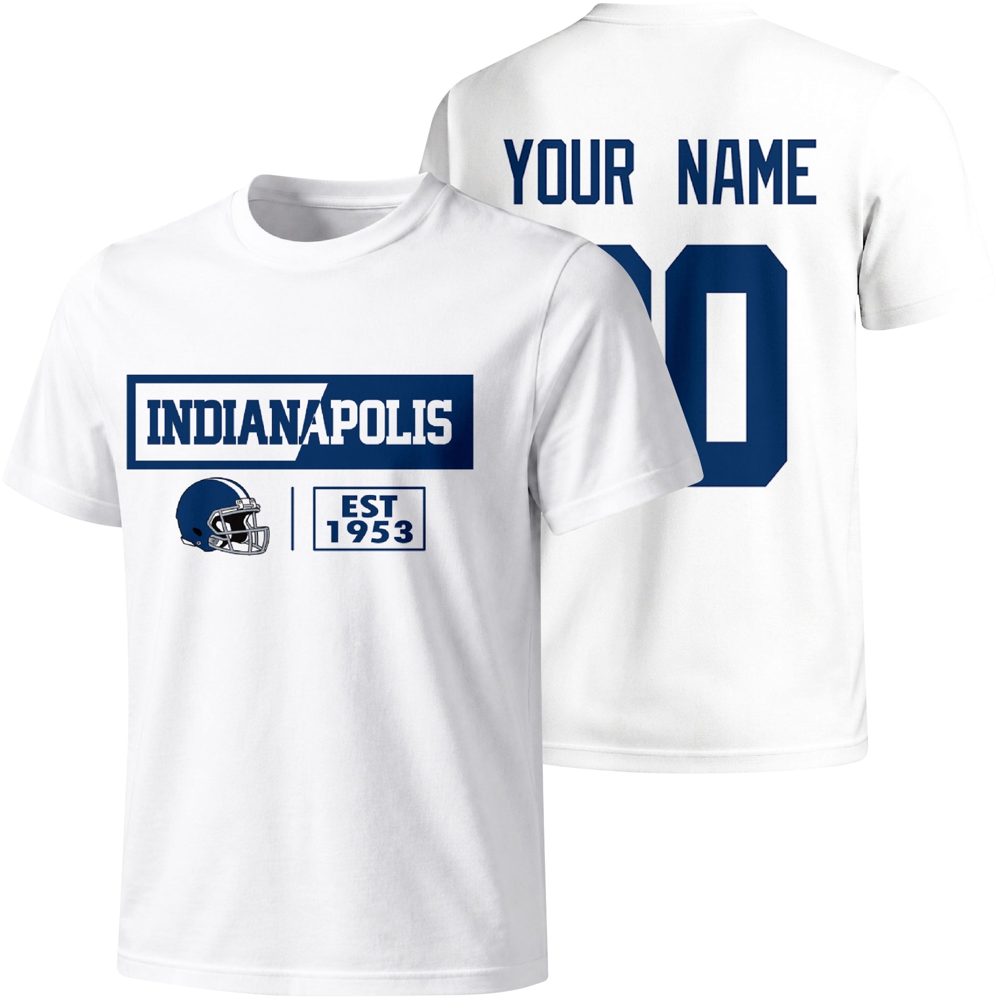 Indianapolis personalized football badge T shirt in White showing front city helmet design and back custom name and number