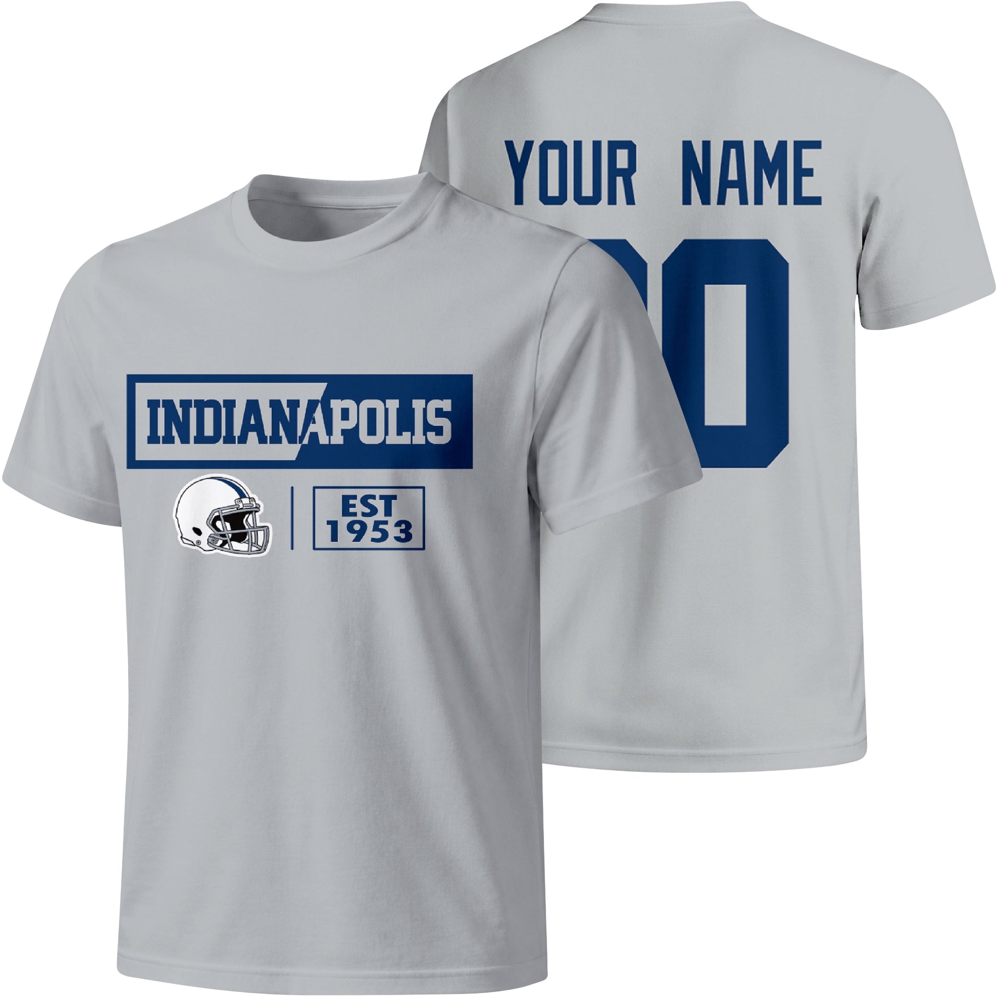 Indianapolis personalized football badge T shirt in Gray showing front city helmet design and back custom name and number