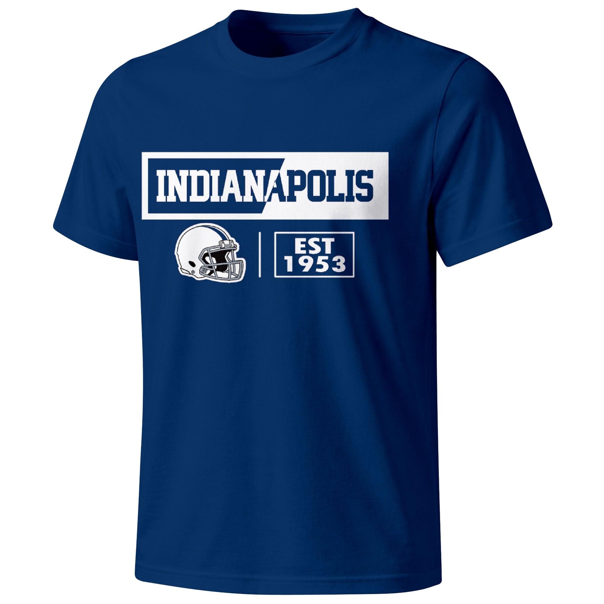 Indianapolis football badge T shirt in Royal showing the front city and football helmet design