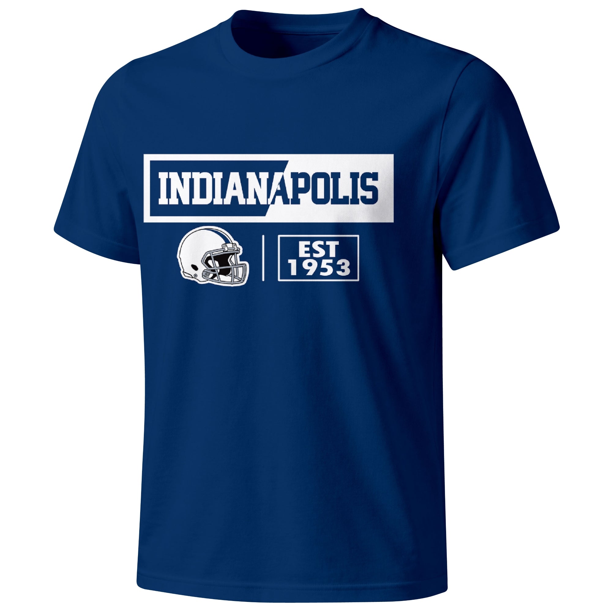Indianapolis football badge T shirt in Royal showing the front city and football helmet design