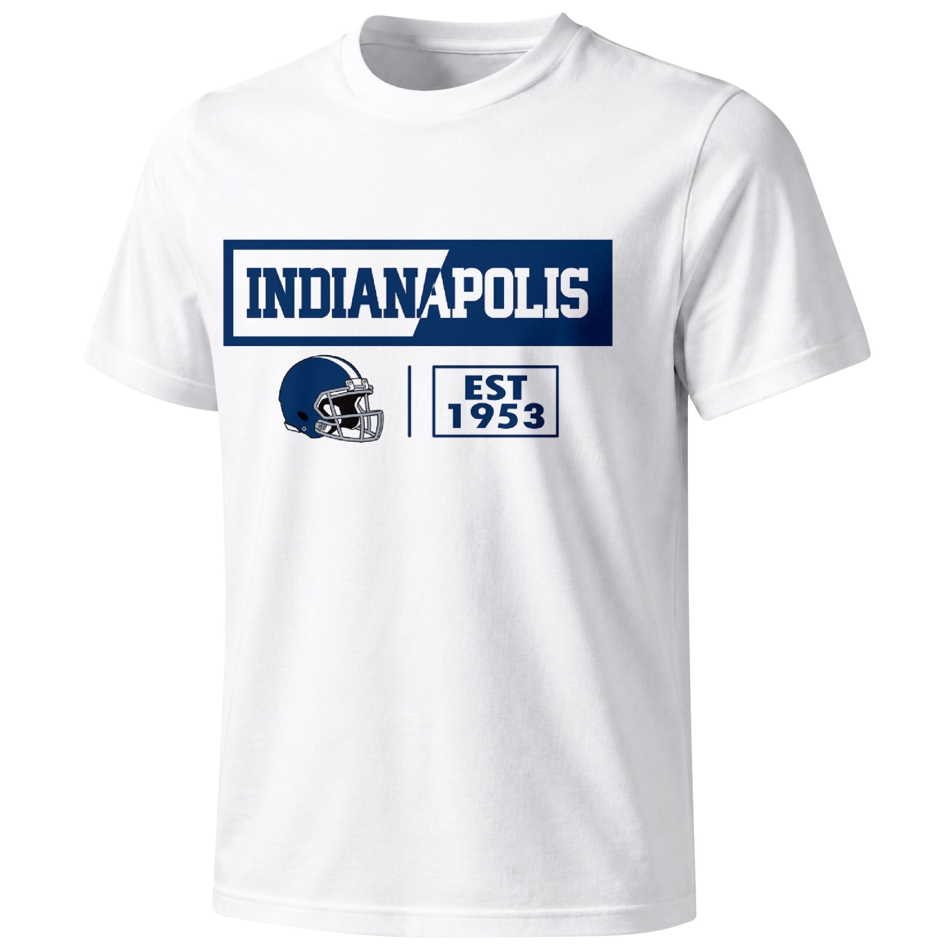 Indianapolis football badge T shirt in White showing the front city and football helmet design