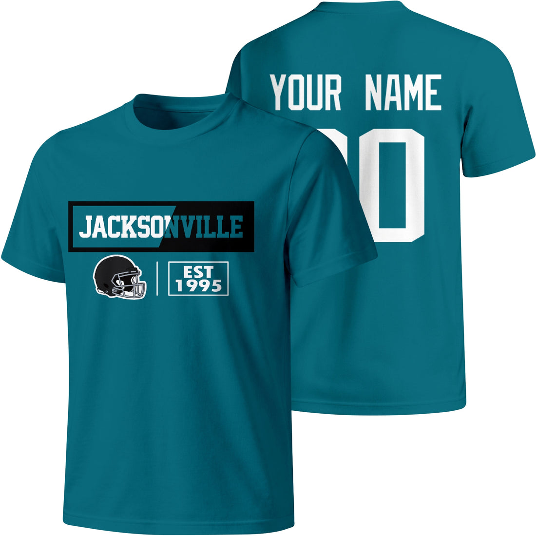 Jacksonville personalized football badge T shirt in Teal showing front city helmet design and back custom name and number