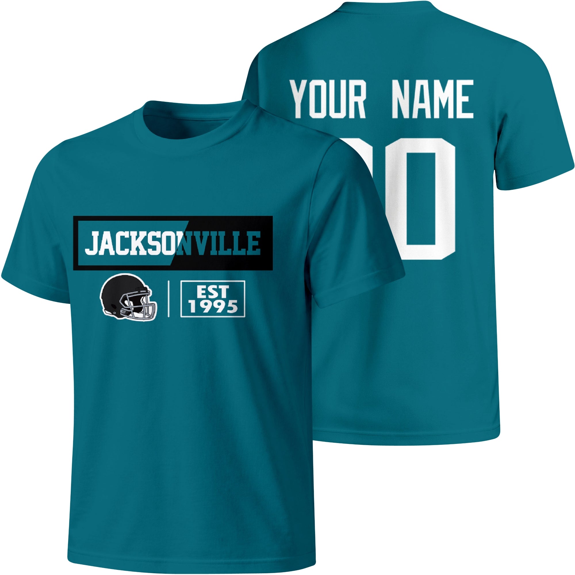Jacksonville personalized football badge T shirt in Teal showing front city helmet design and back custom name and number