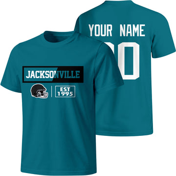 Jacksonville personalized football badge T shirt in Teal showing front city helmet design and back custom name and number