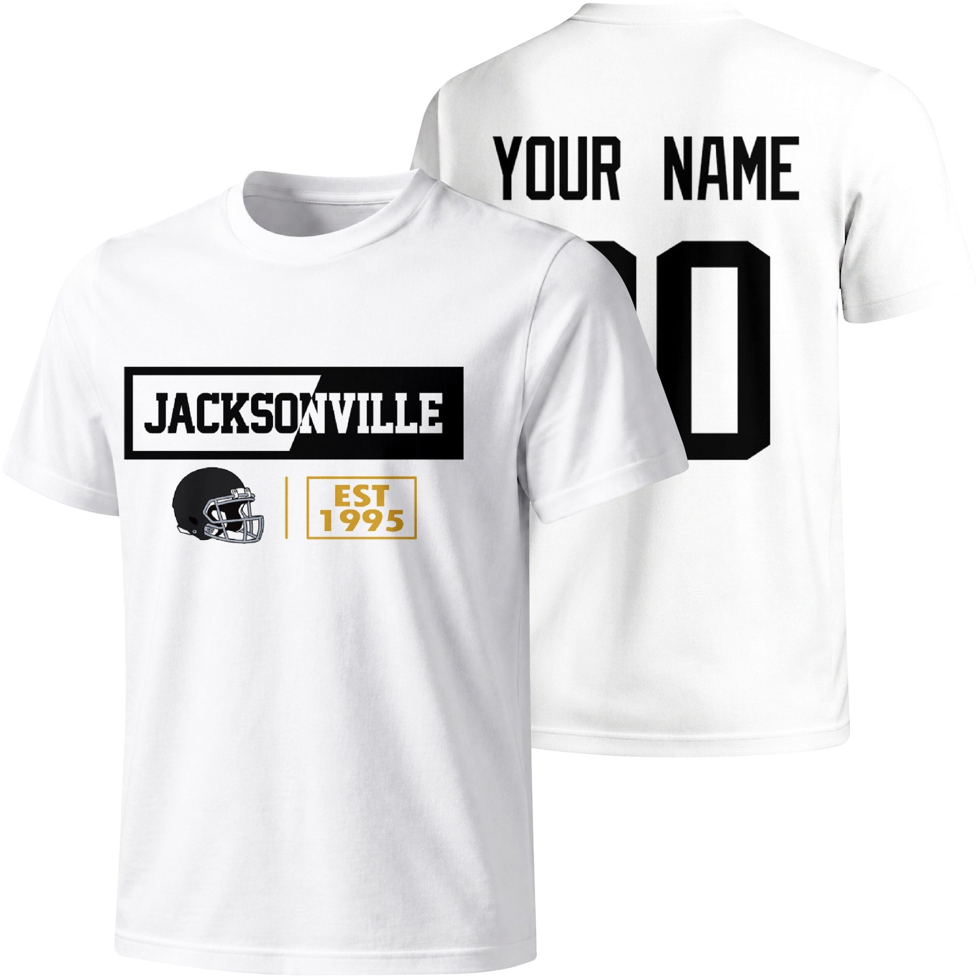 Jacksonville personalized football badge T shirt in White showing front city helmet design and back custom name and number