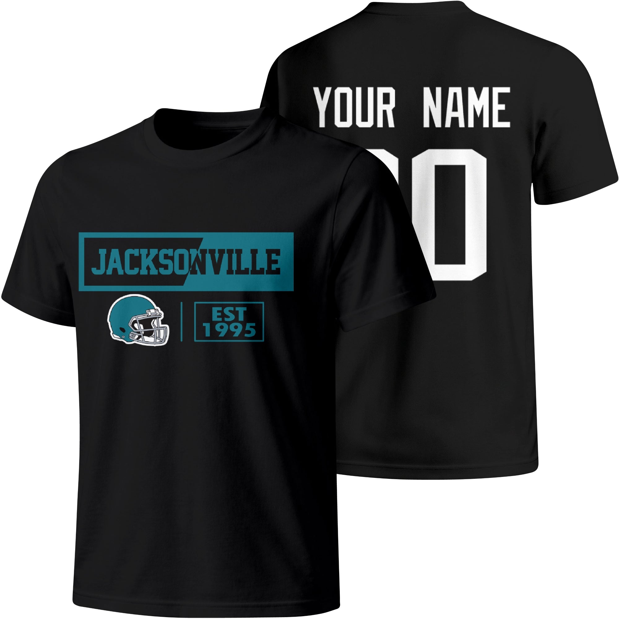 Jacksonville personalized football badge T shirt in Black showing front city helmet design and back custom name and number