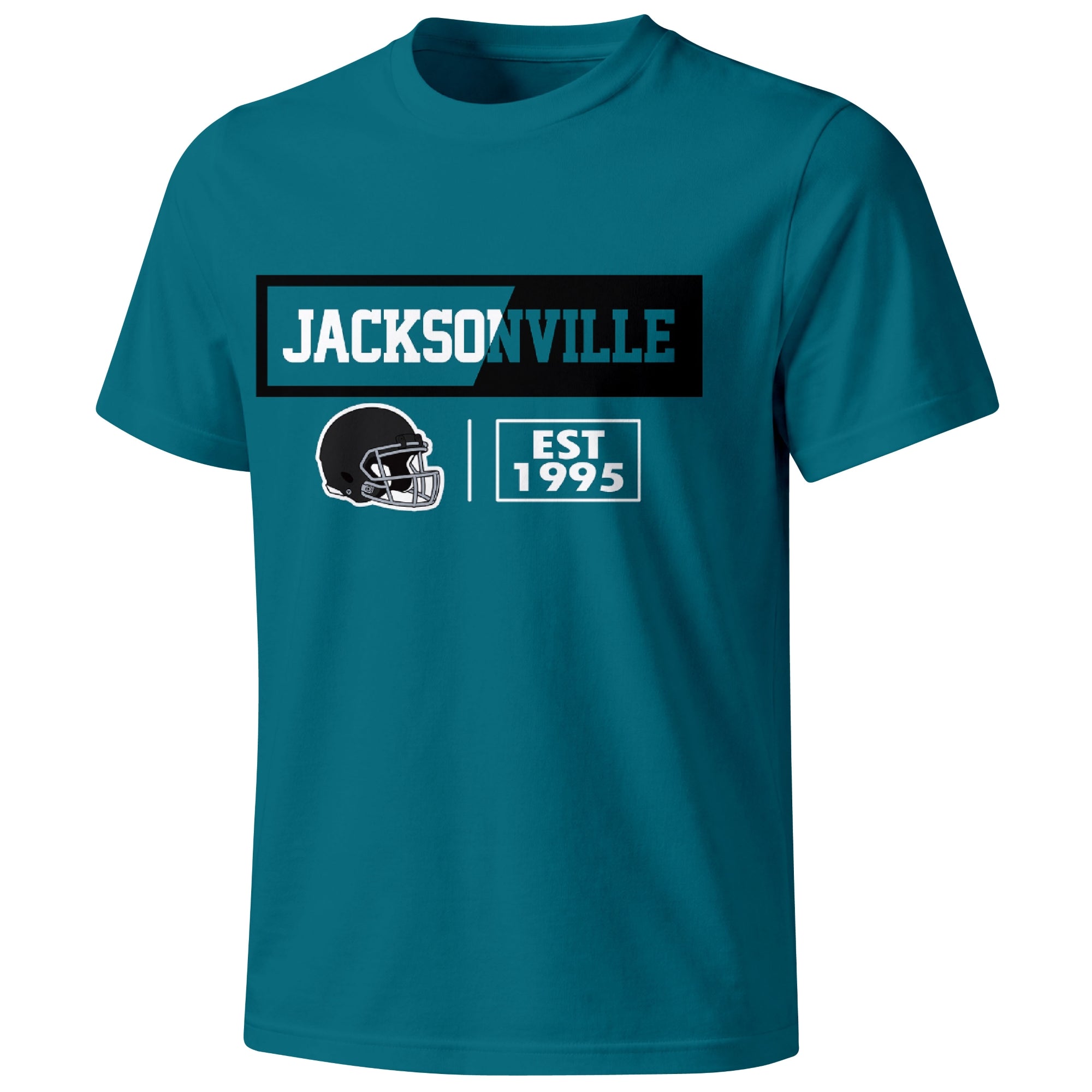 Jacksonville football badge T shirt in Teal showing the front city and football helmet design