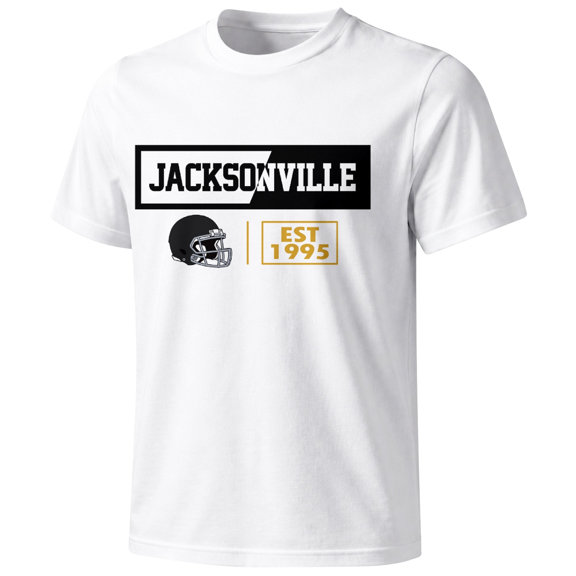 Jacksonville football badge T shirt in White showing the front city and football helmet design