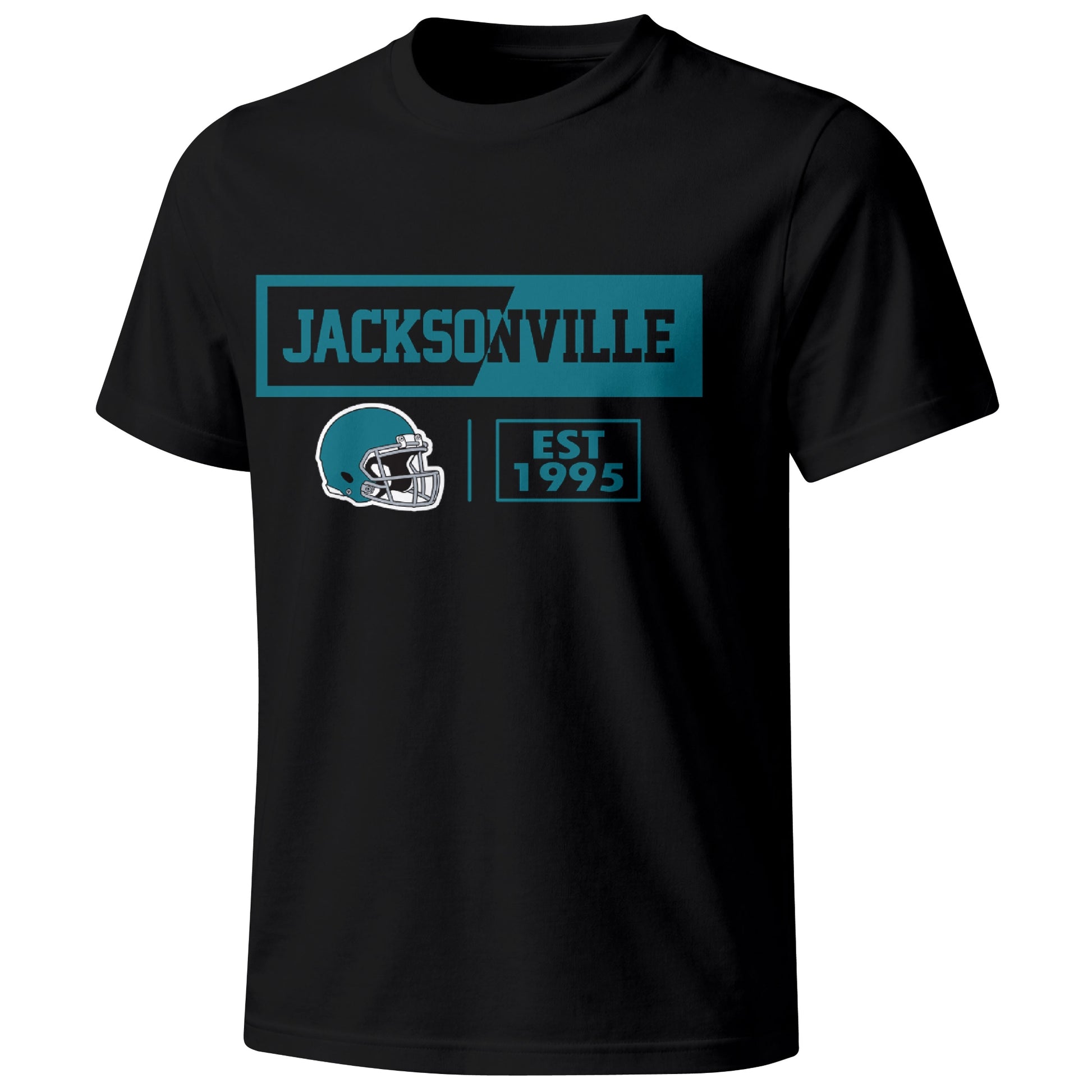 Jacksonville football badge T shirt in Black showing the front city and football helmet design