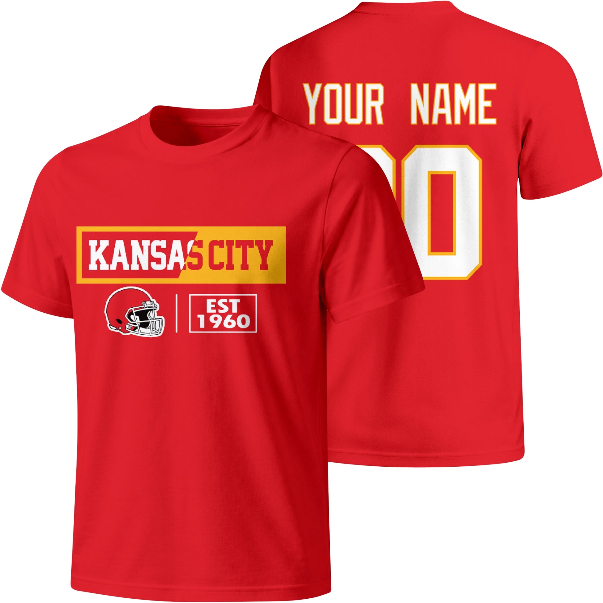 Kansas City personalized football badge T shirt in Red showing front city helmet design and back custom name and number