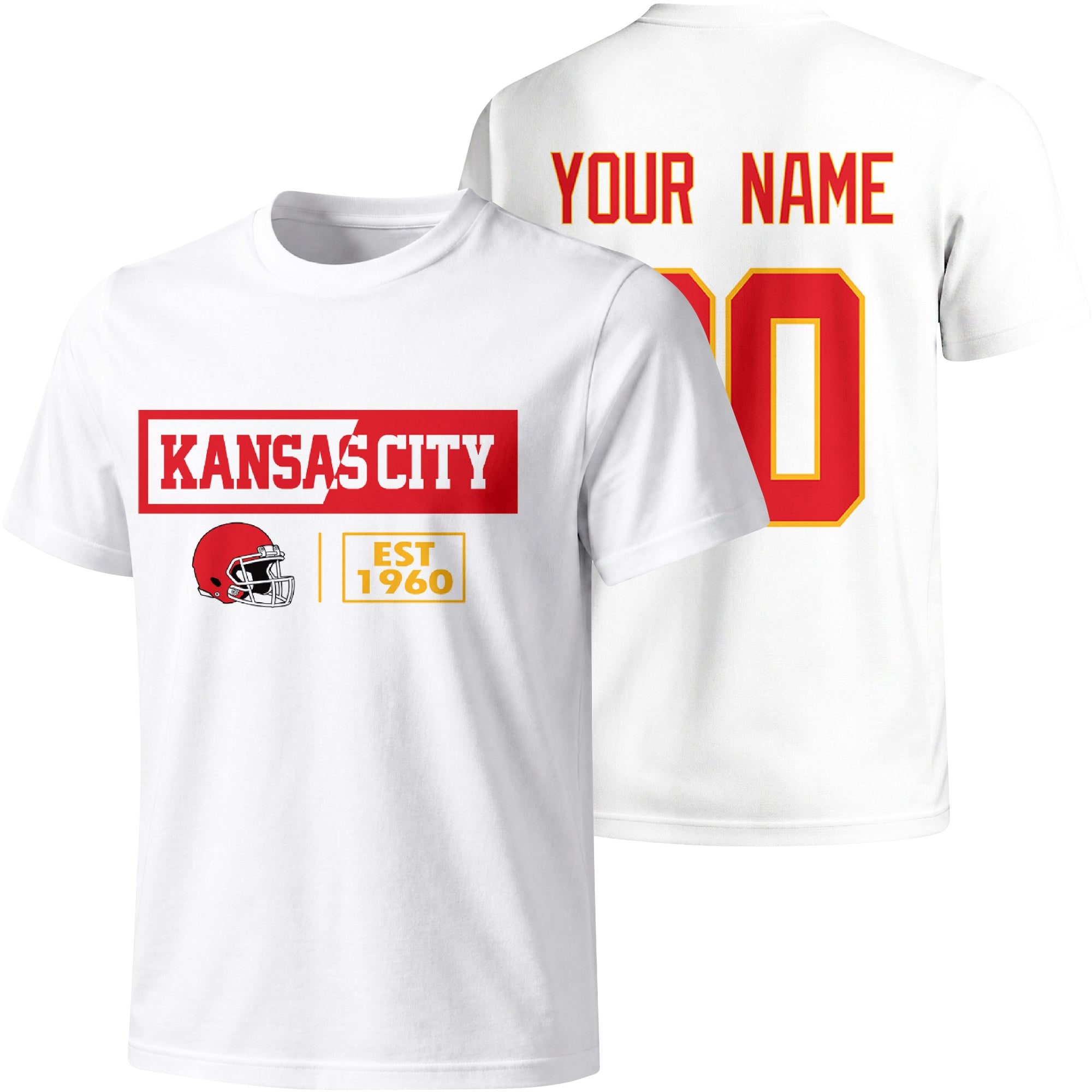 Kansas City personalized football badge T shirt in White showing front city helmet design and back custom name and number