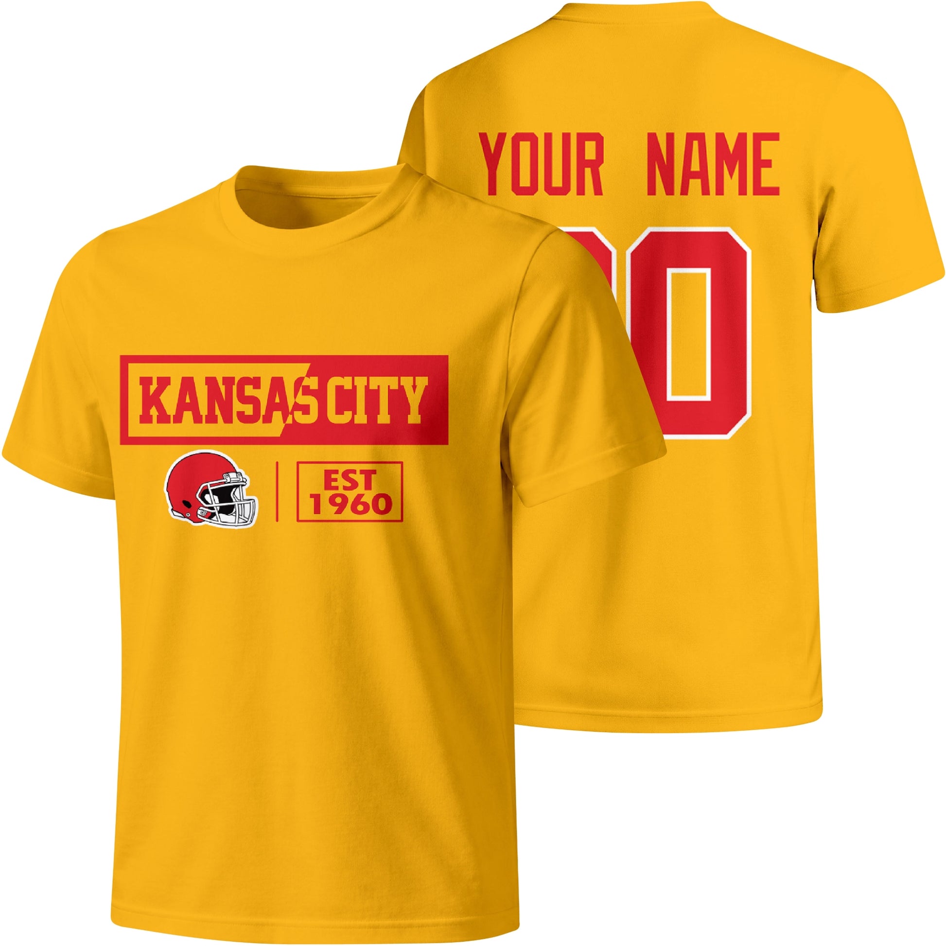 Kansas City personalized football badge T shirt in Gold showing front city helmet design and back custom name and number