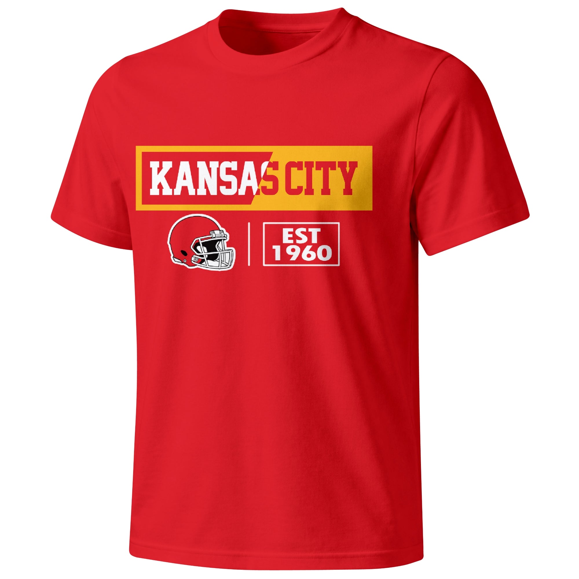 Kansas City football badge T shirt in Red showing the front city and football helmet design