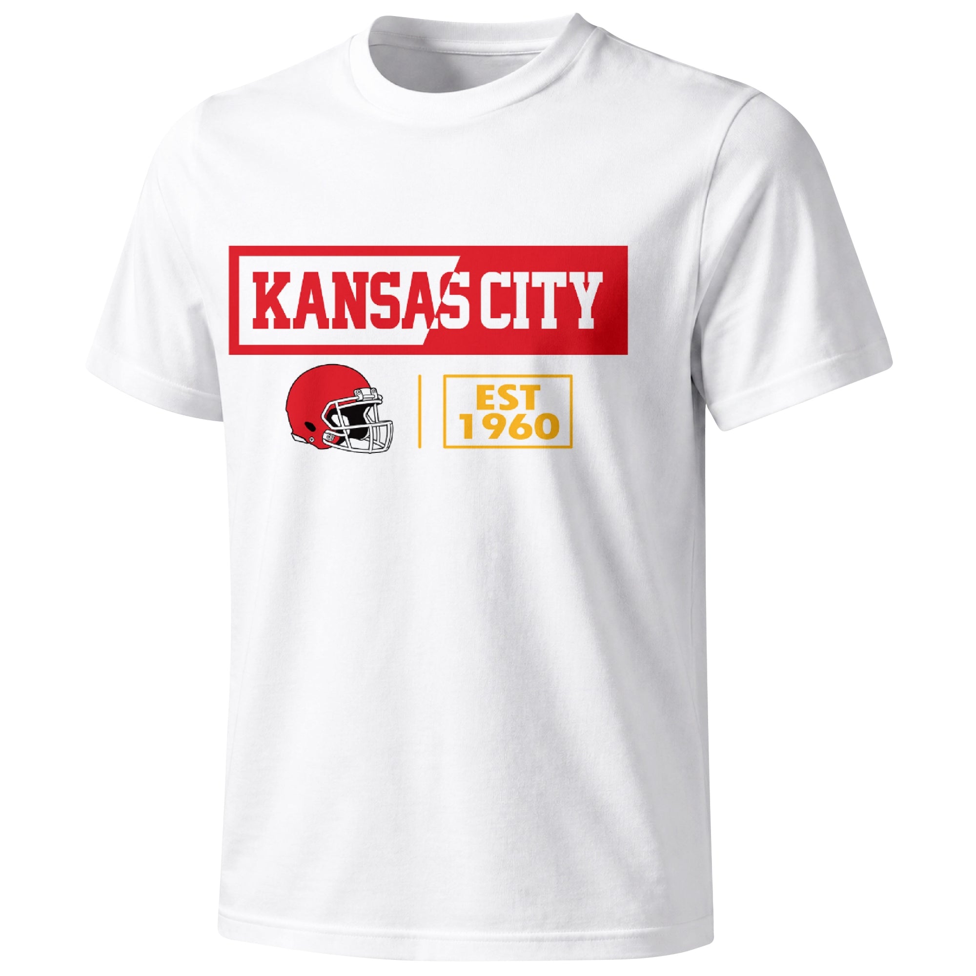 Kansas City football badge T shirt in White showing the front city and football helmet design