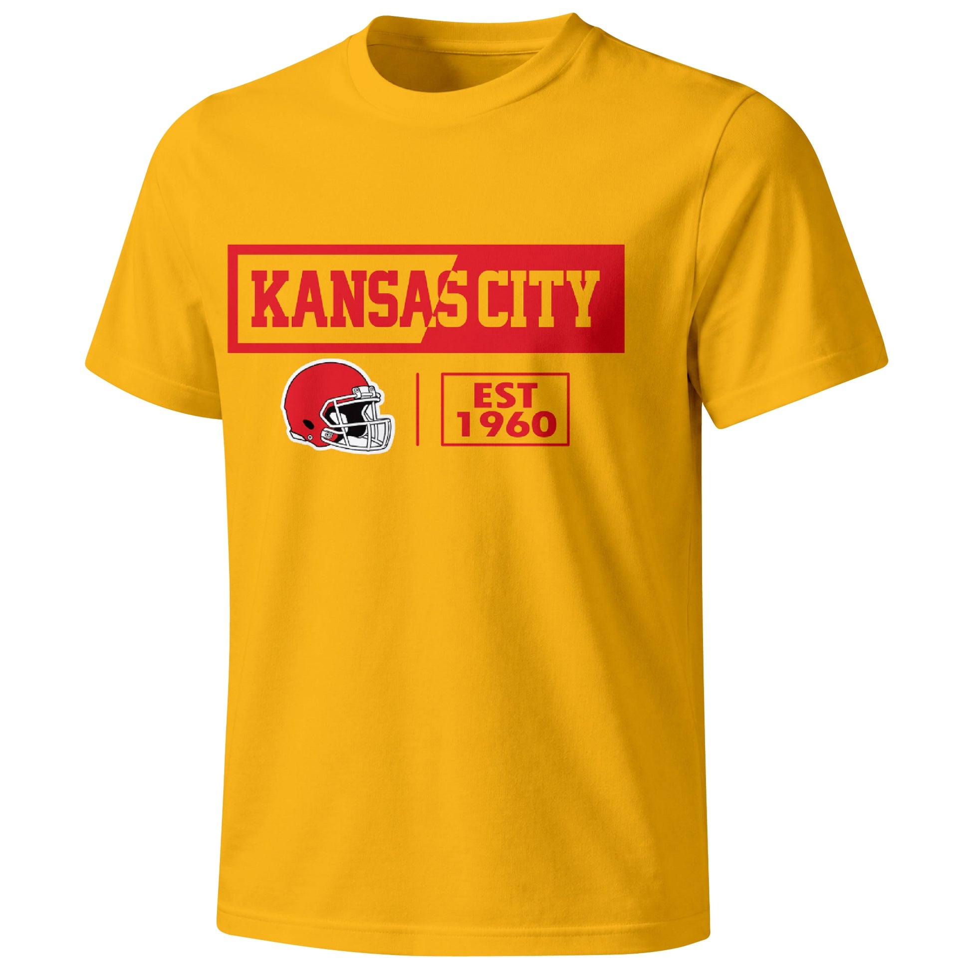 Kansas City football badge T shirt in Gold showing the front city and football helmet design
