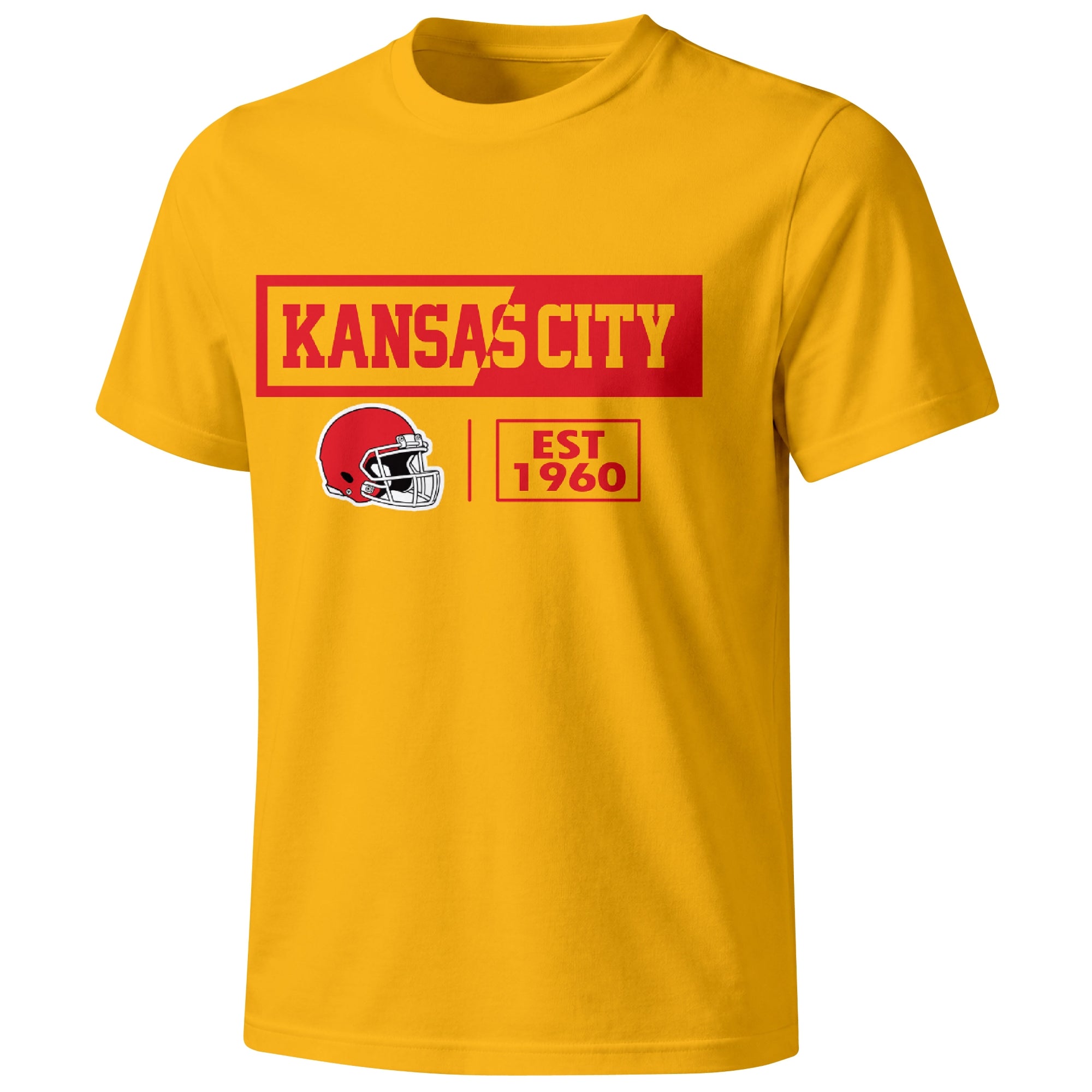 Kansas City football badge T shirt in Gold showing the front city and football helmet design