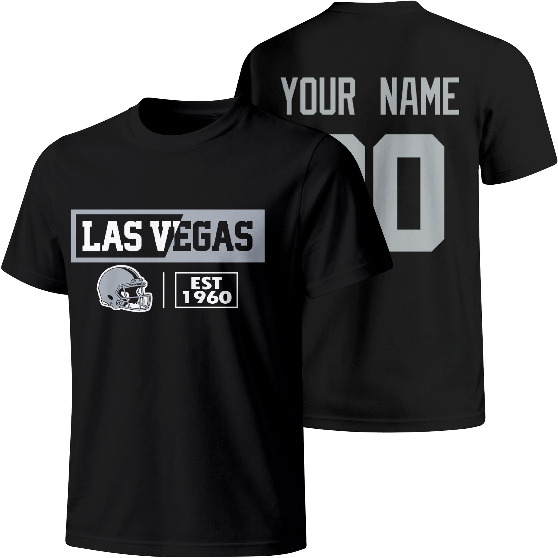 Las Vegas personalized football badge T shirt in Black showing front city helmet design and back custom name and number