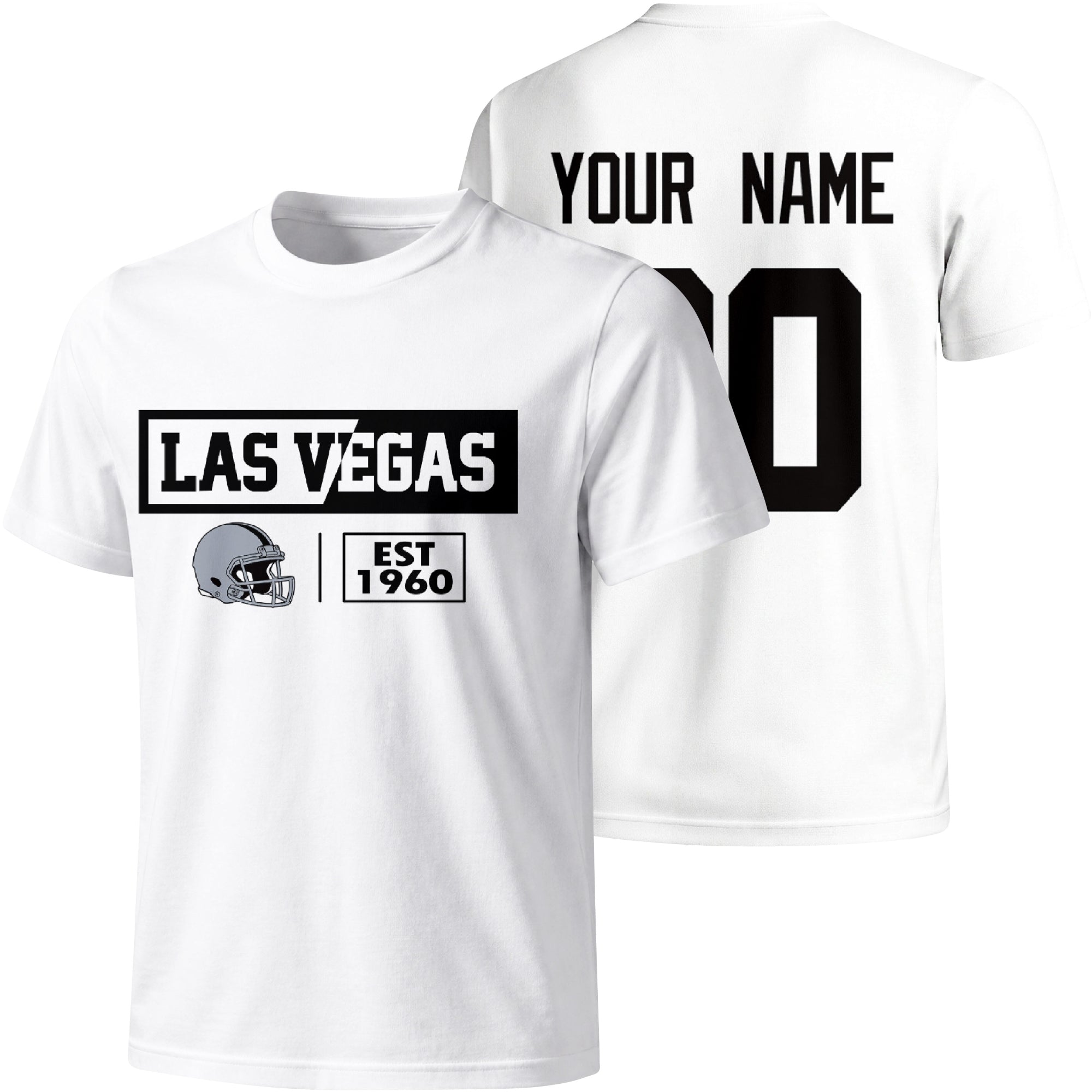 Las Vegas personalized football badge T shirt in White showing front city helmet design and back custom name and number
