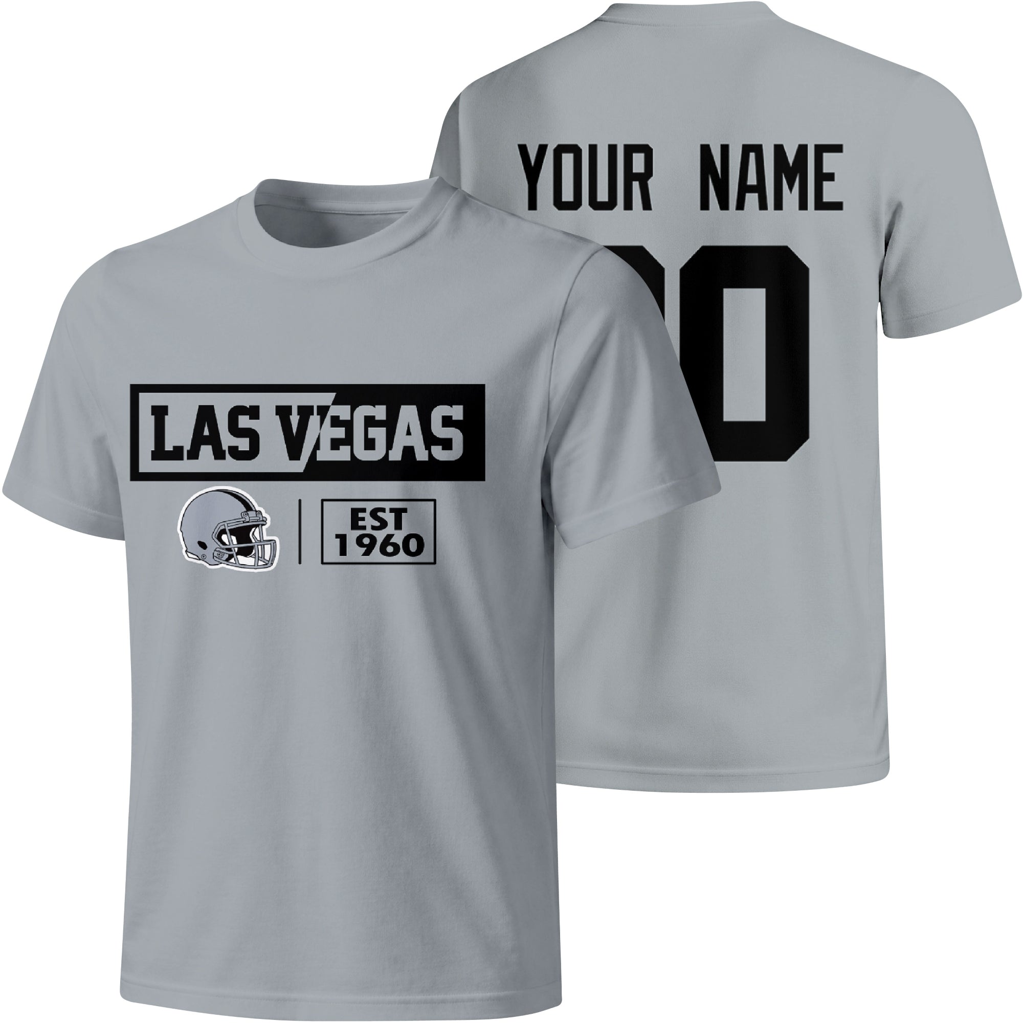 Las Vegas personalized football badge T shirt in Gray showing front city helmet design and back custom name and number