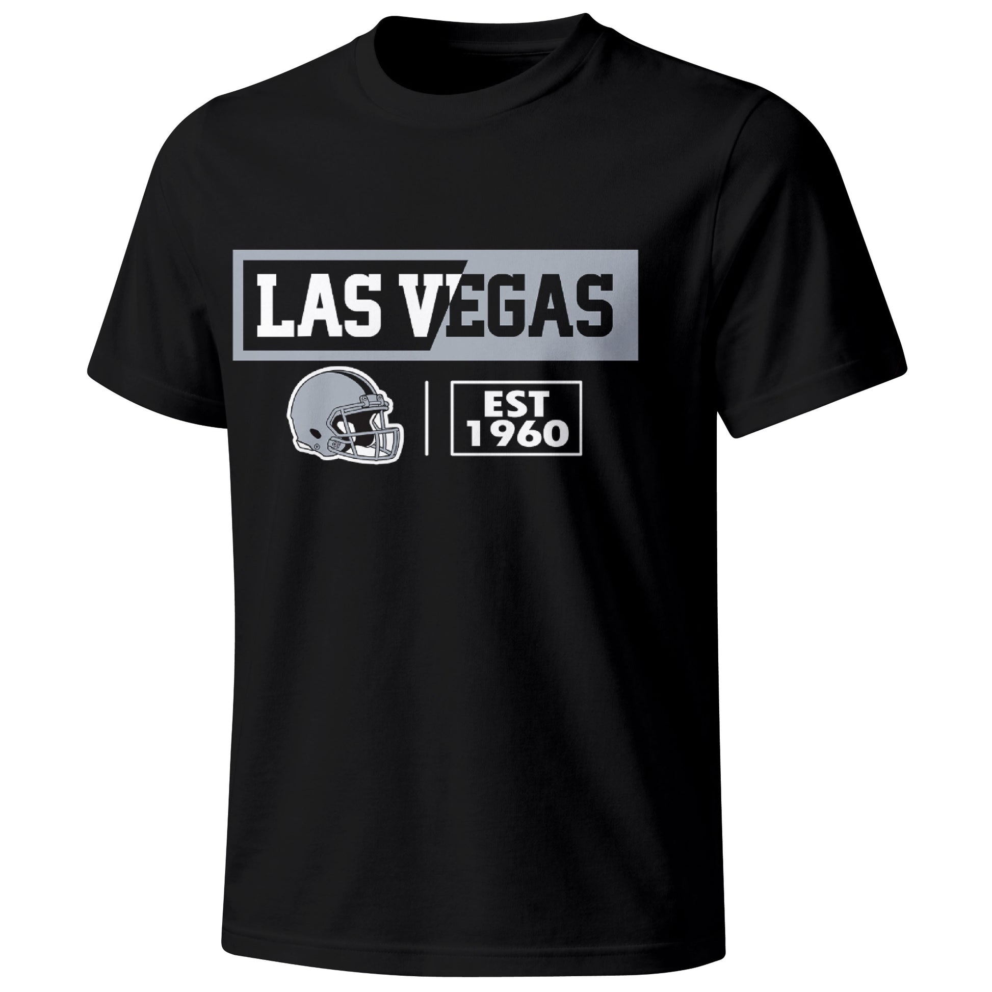Las Vegas football badge T shirt in Black showing the front city and football helmet design