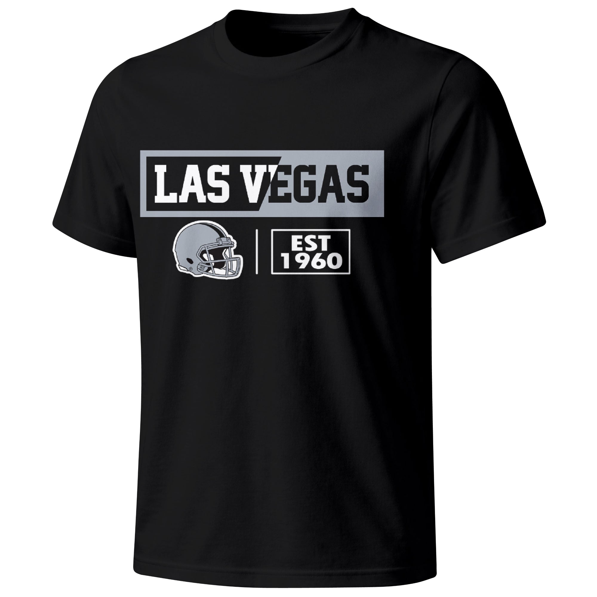 Las Vegas football badge T shirt in Black showing the front city and football helmet design