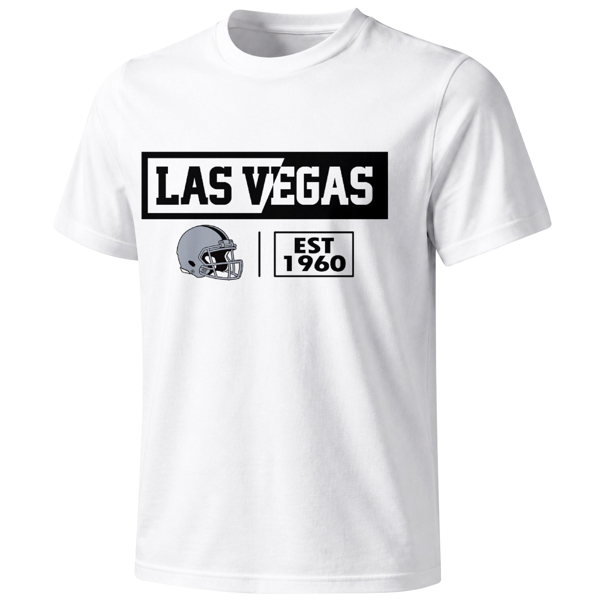 Las Vegas football badge T shirt in White showing the front city and football helmet design