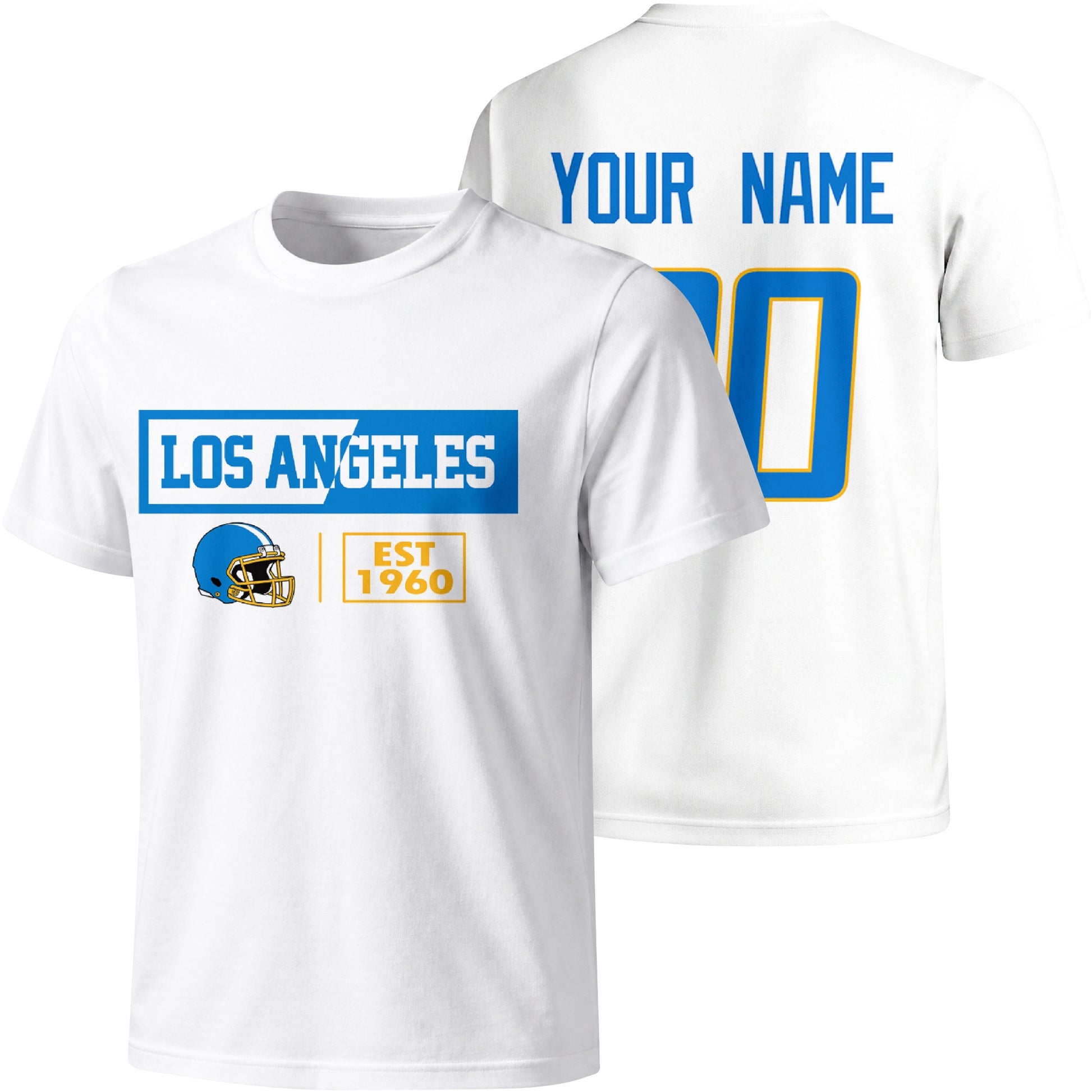Los Angeles Blue personalized football badge T shirt in White showing front city helmet design and back custom name and number