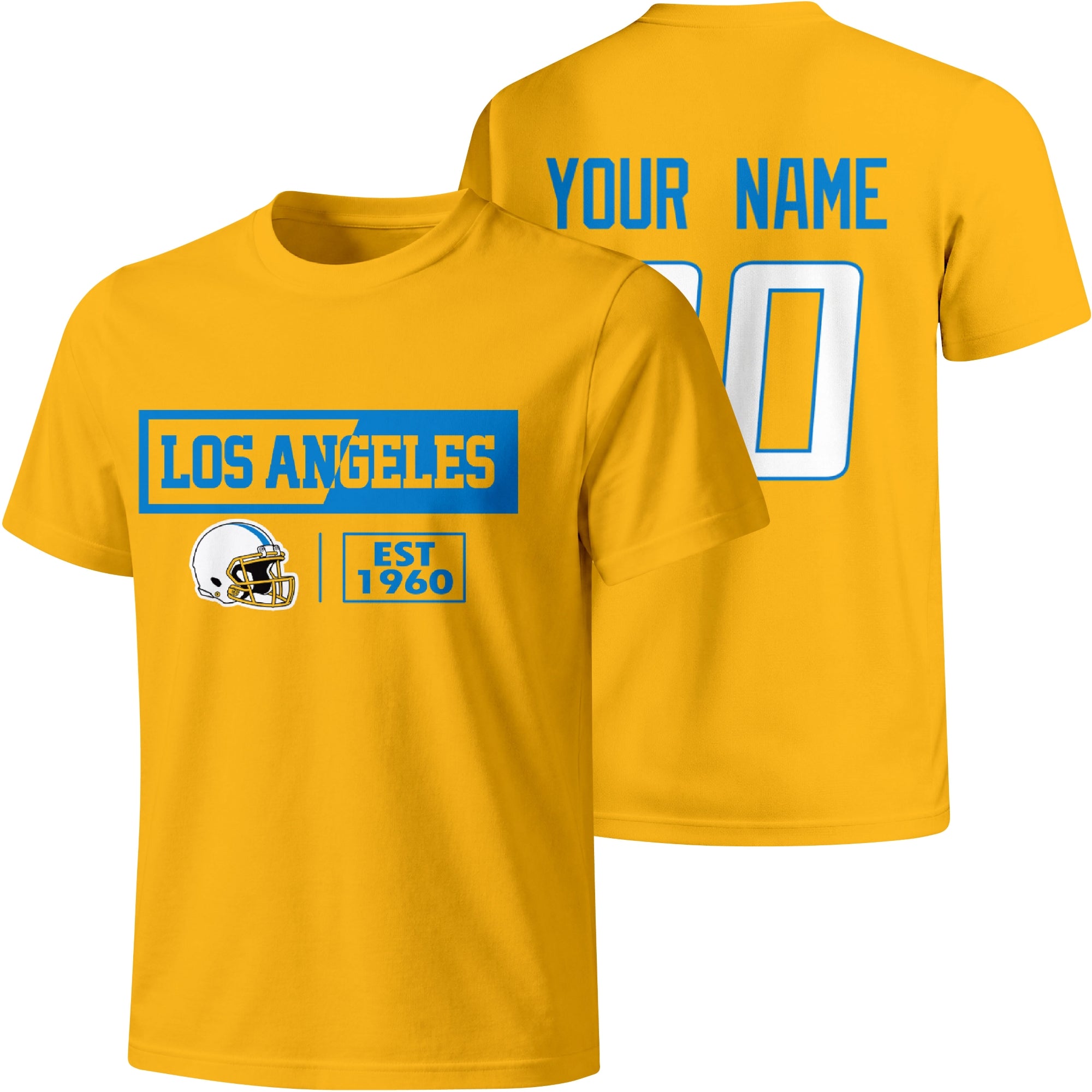 Los Angeles Blue personalized football badge T shirt in Gold showing front city helmet design and back custom name and number