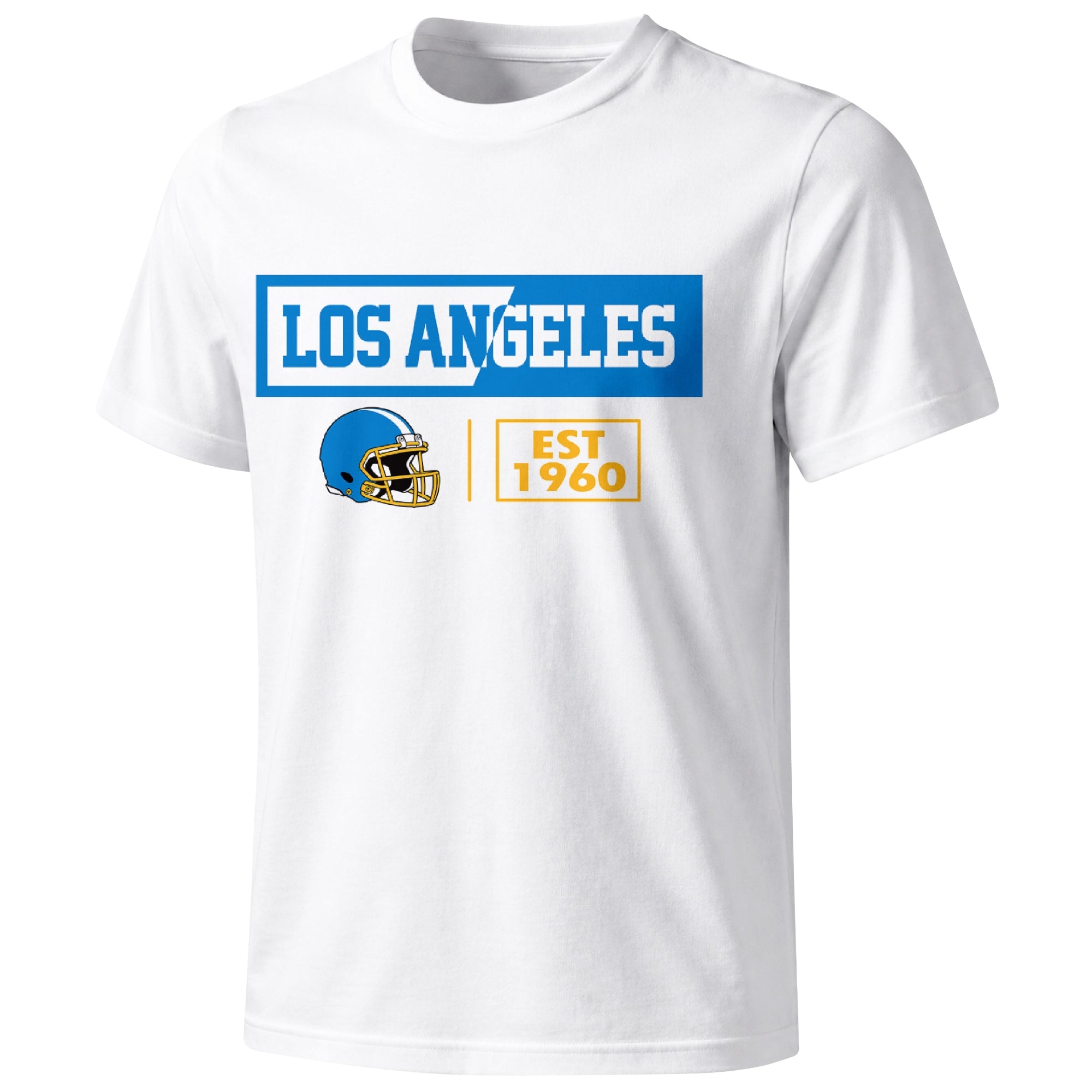 Los Angeles Blue football badge T shirt in White showing the front city and football helmet design