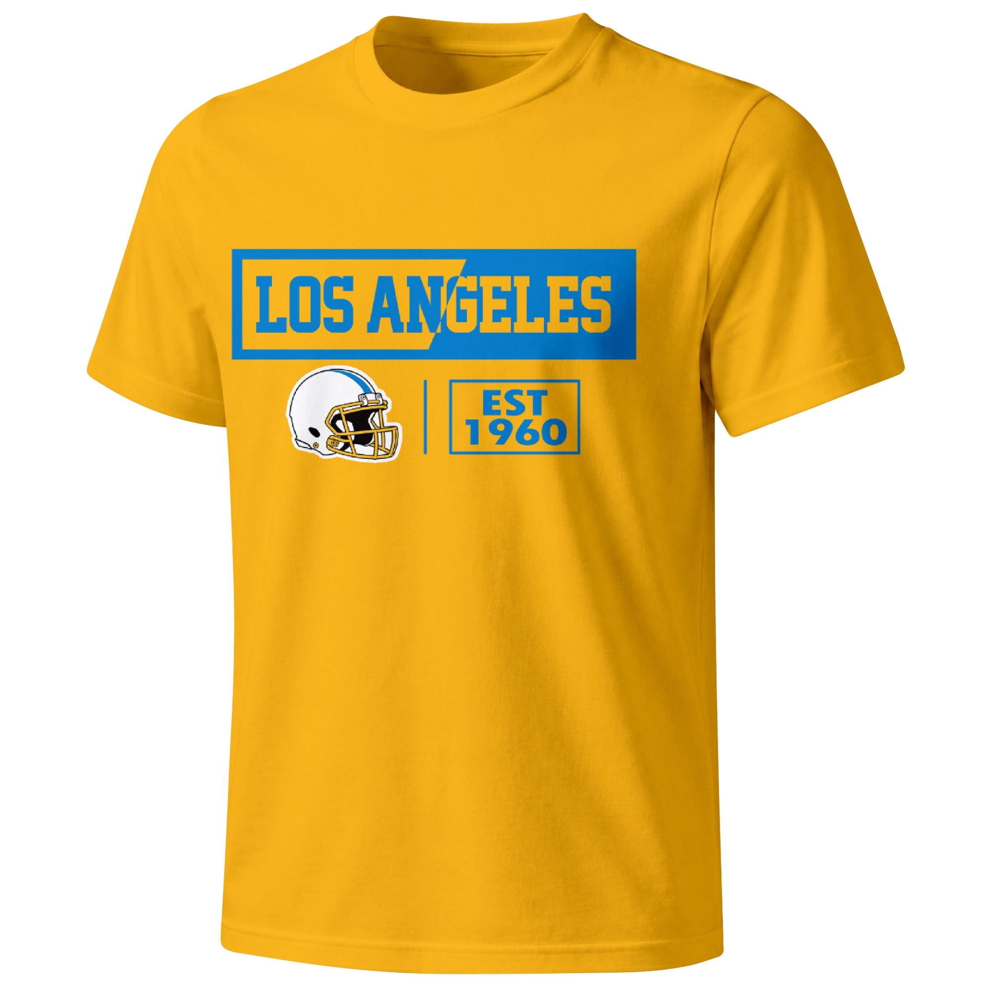 Los Angeles Blue football badge T shirt in Gold showing the front city and football helmet design