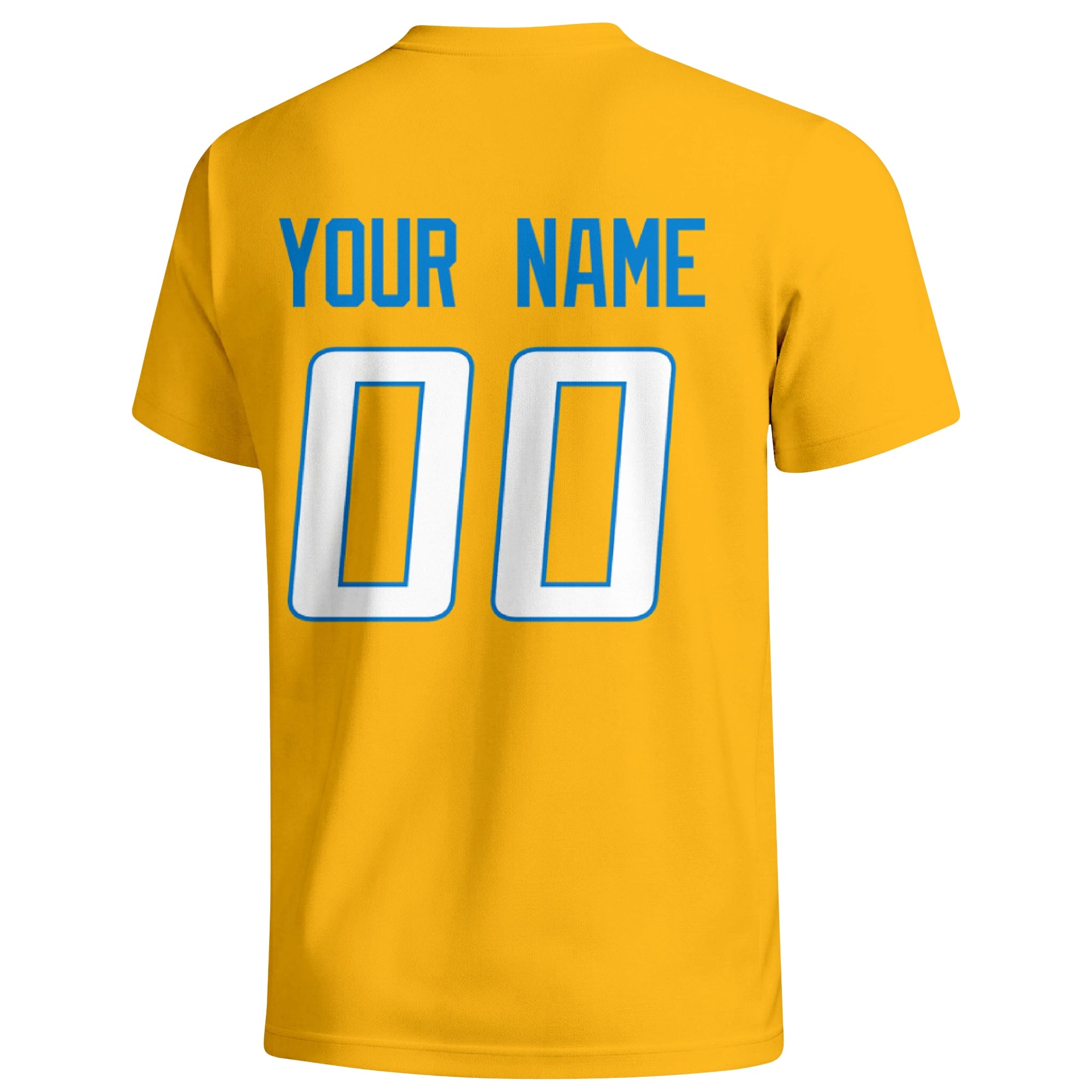 Los Angeles Blue personalized football badge T shirt in Gold showing the back custom name and number