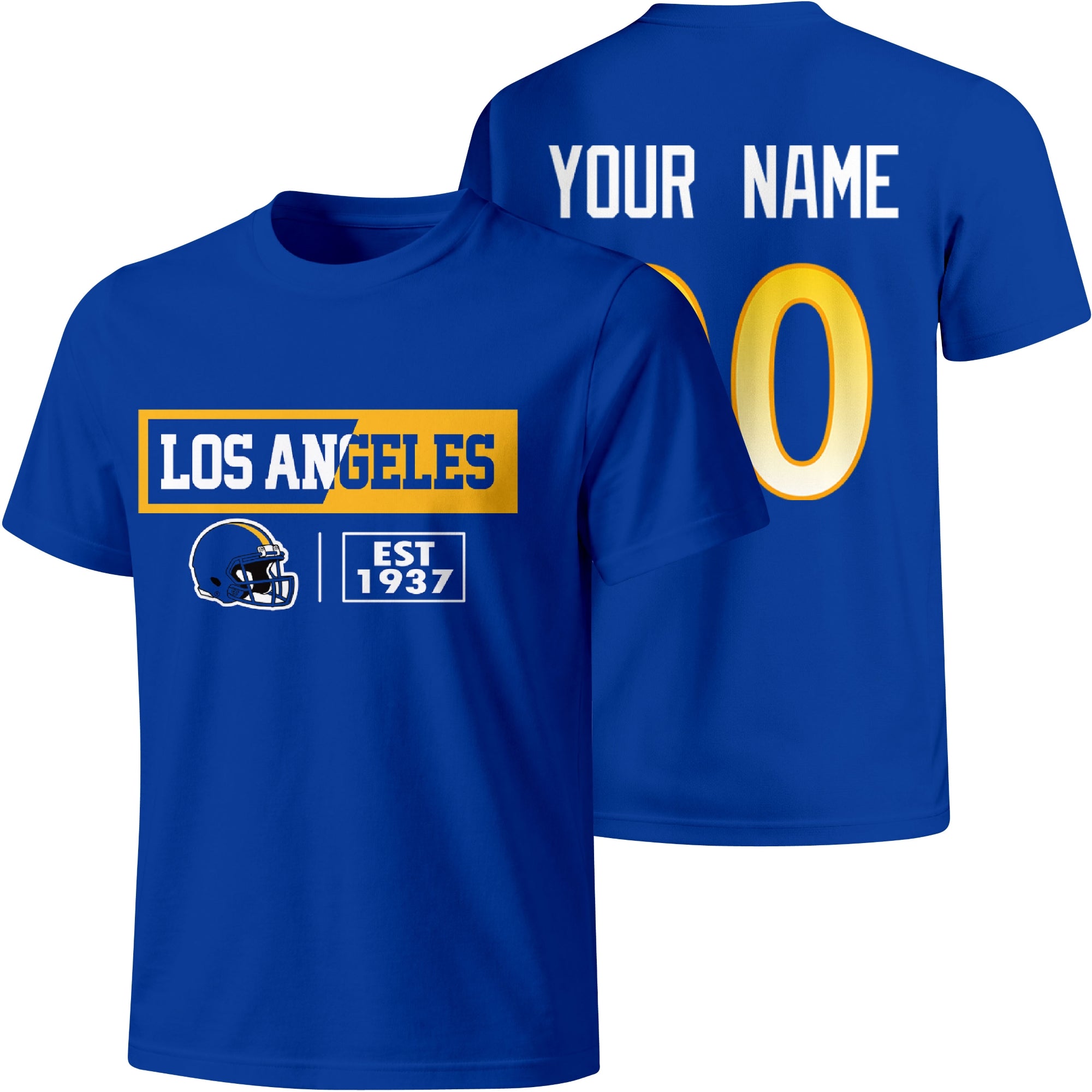 Los Angeles Royal personalized football badge T shirt in Royal showing front city helmet design and back custom name and number