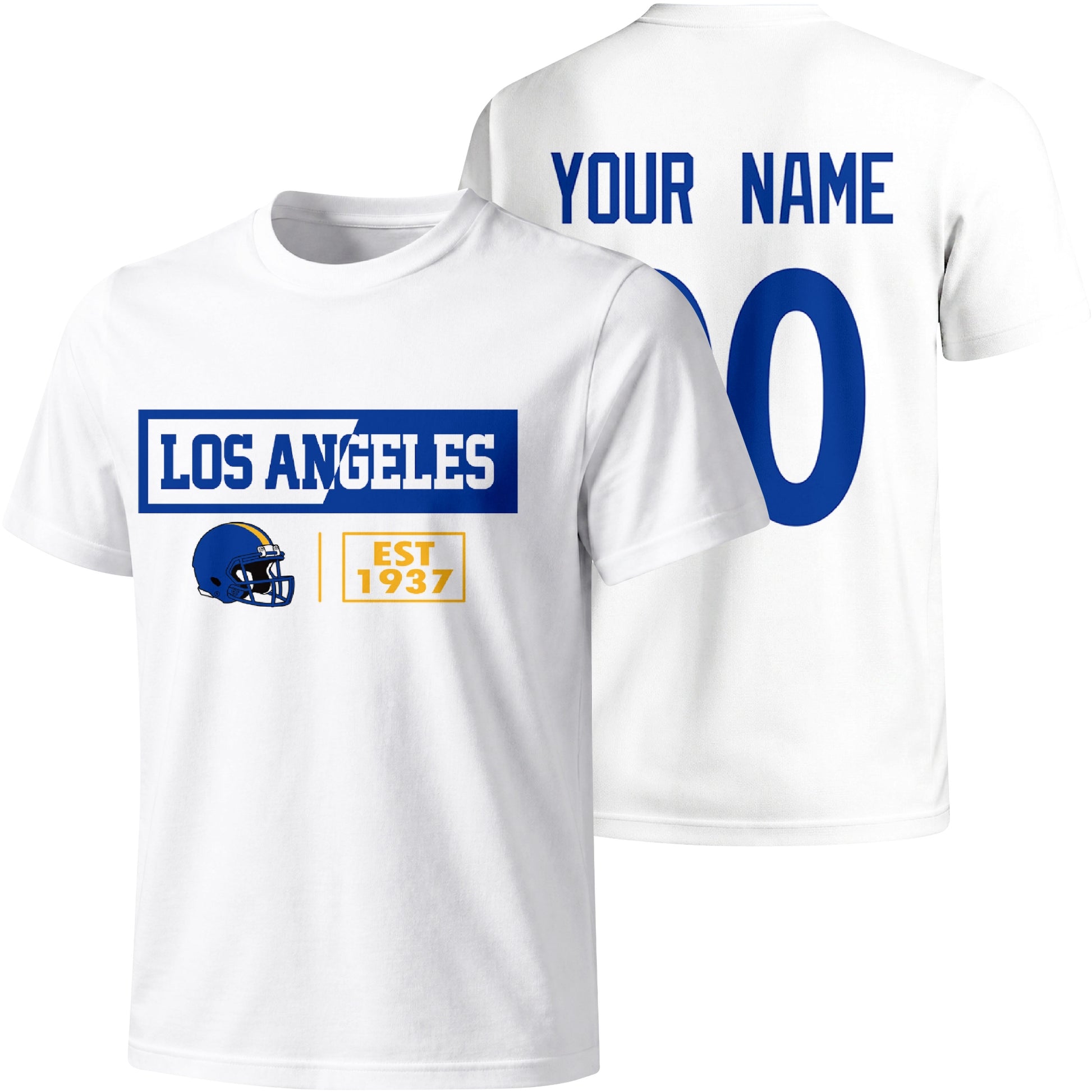 Los Angeles Royal personalized football badge T shirt in White showing front city helmet design and back custom name and number