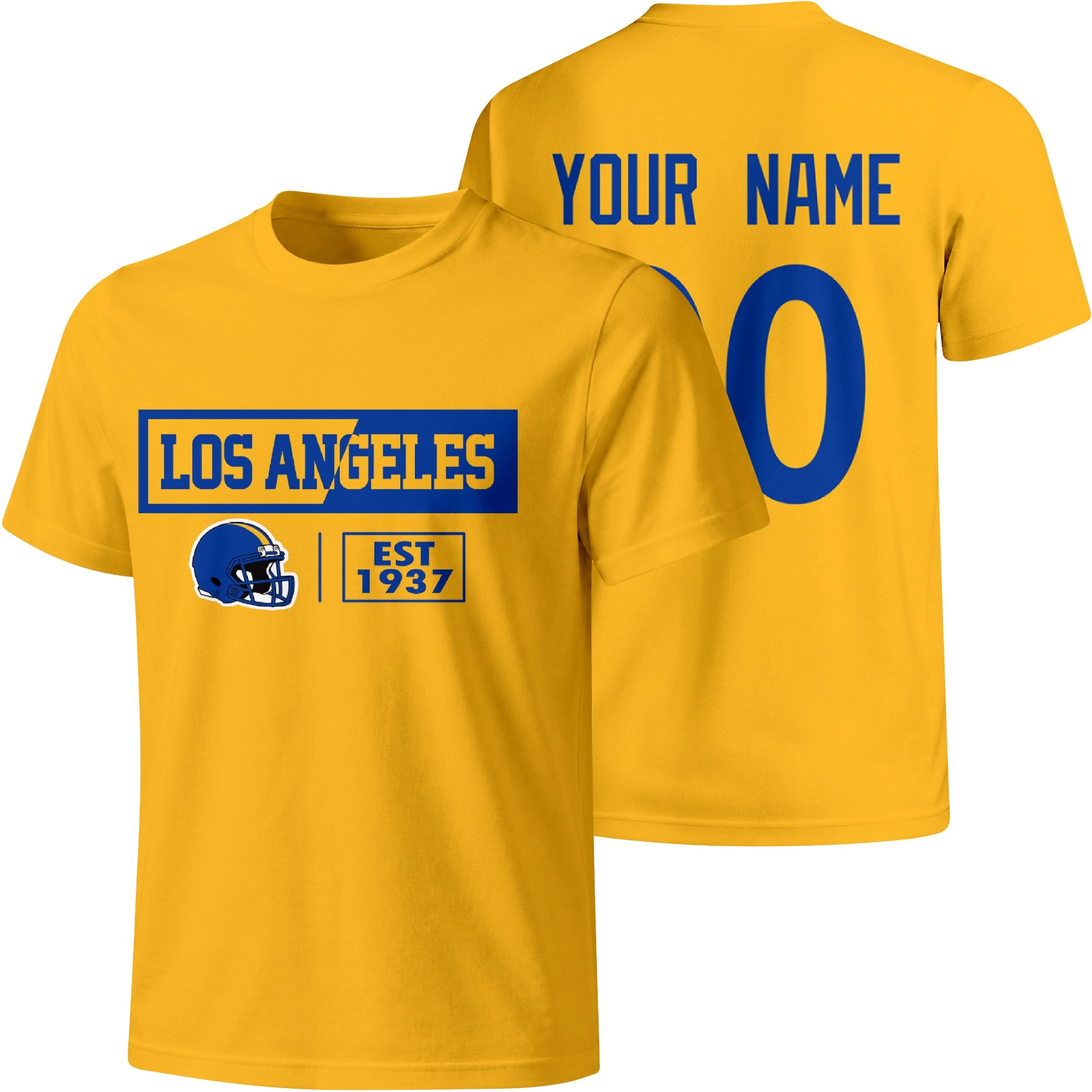 Los Angeles Royal personalized football badge T shirt in Gold showing front city helmet design and back custom name and number
