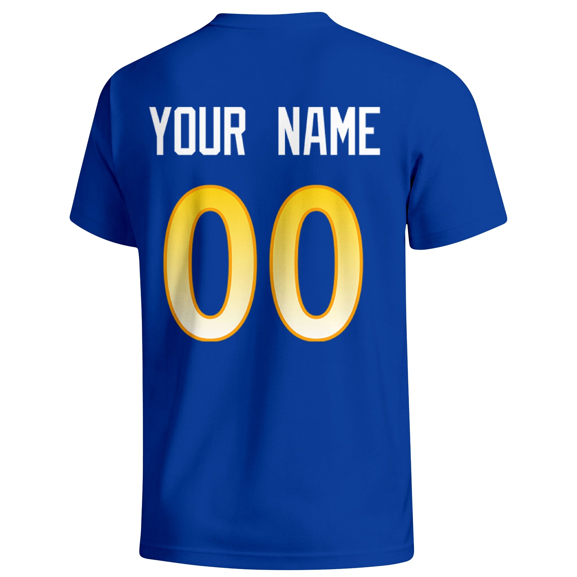 Los Angeles Royal personalized football badge T shirt in Royal showing the back custom name and number