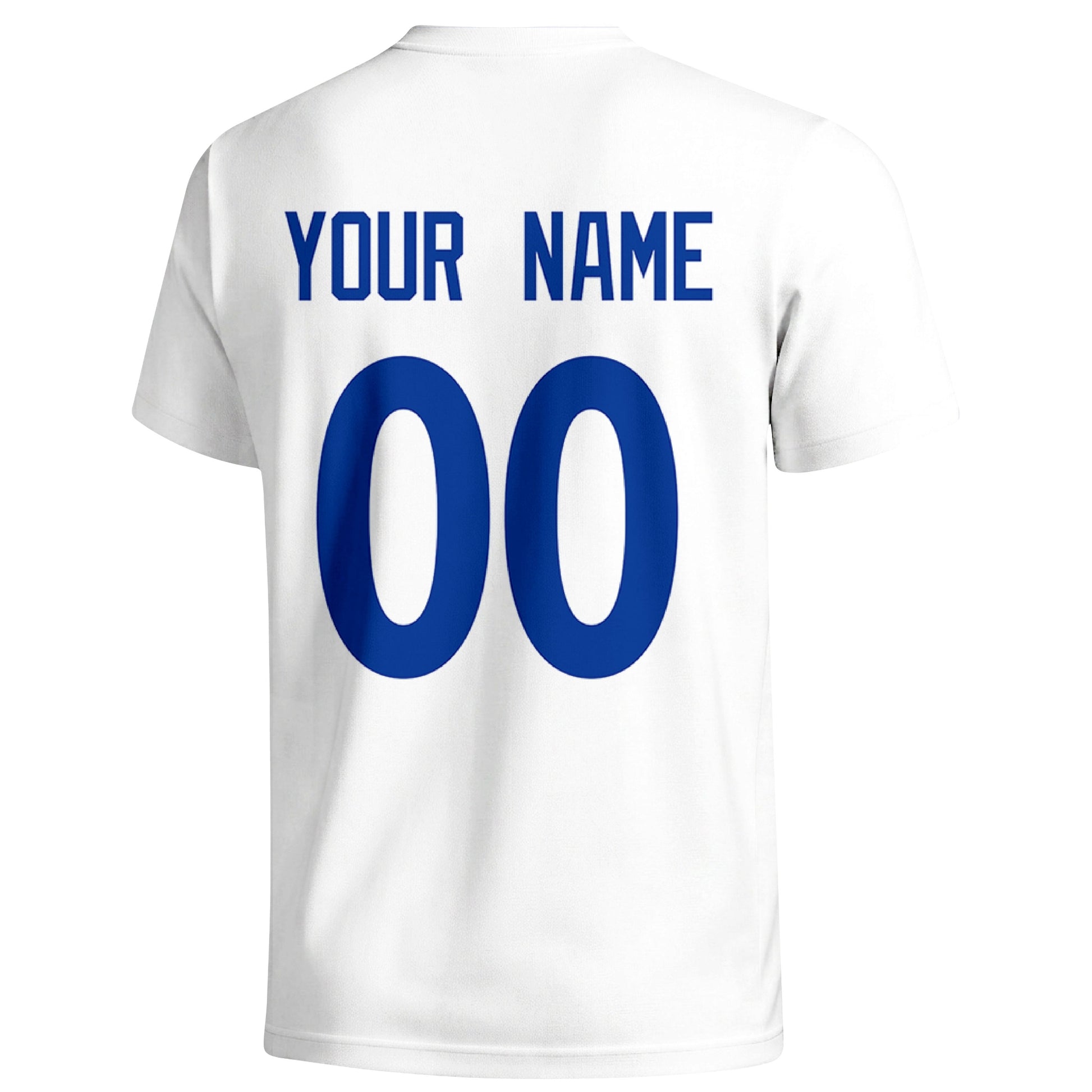 Los Angeles Royal personalized football badge T shirt in White showing the back custom name and number