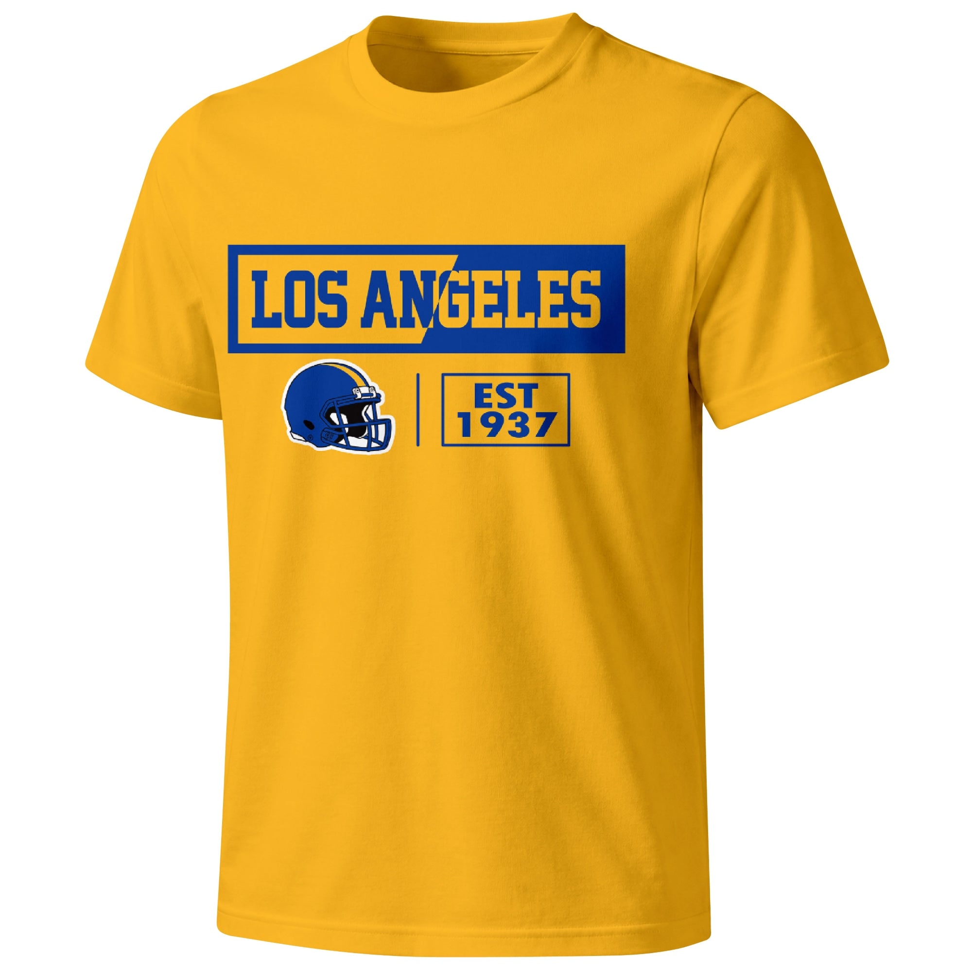 Los Angeles Royal football badge T shirt in Gold showing the front city and football helmet design