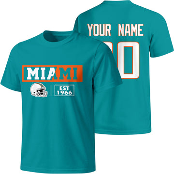 Miami personalized football badge T shirt in Aqua showing front city helmet design and back custom name and number