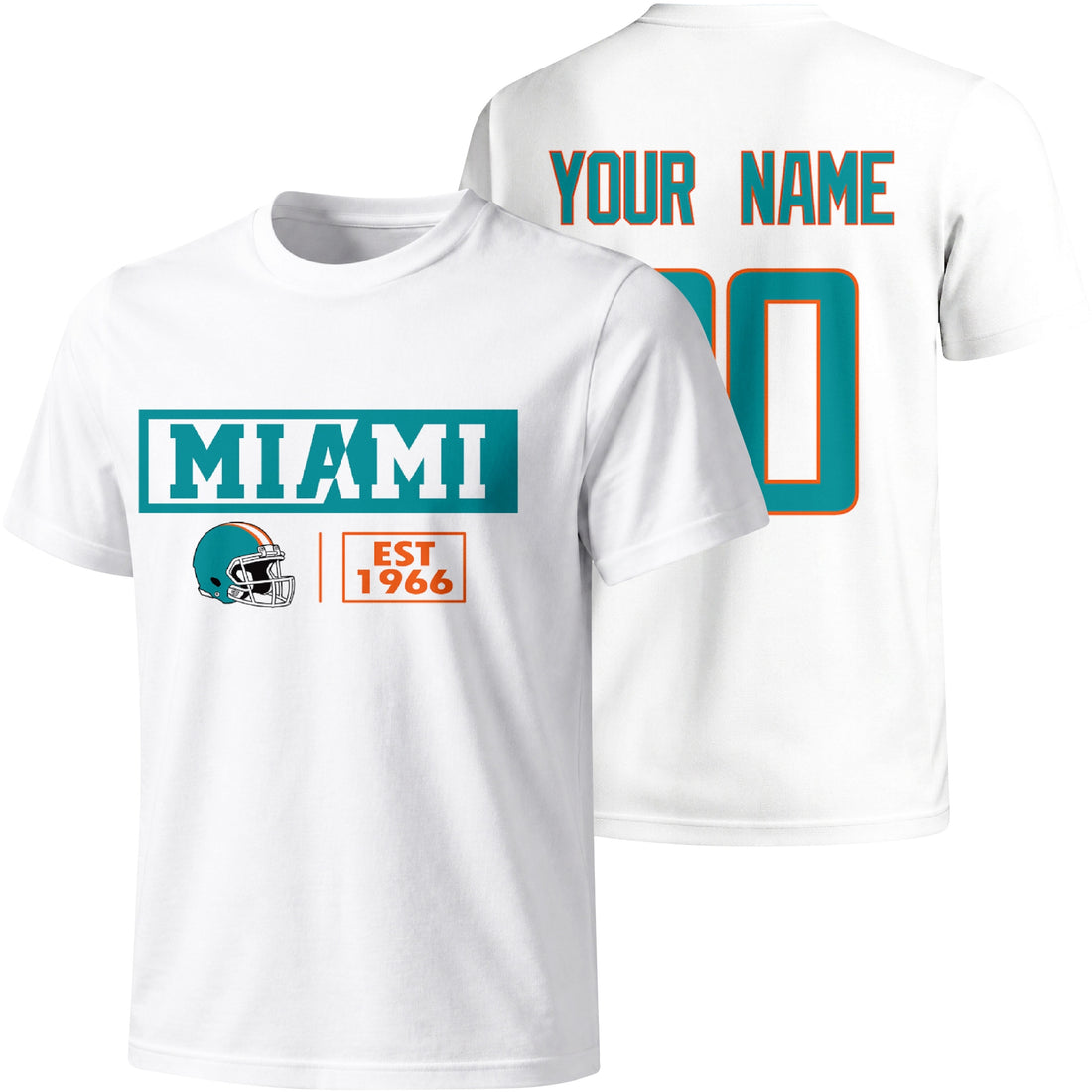 Miami personalized football badge T shirt in Aqua showing front city helmet design and back custom name and number