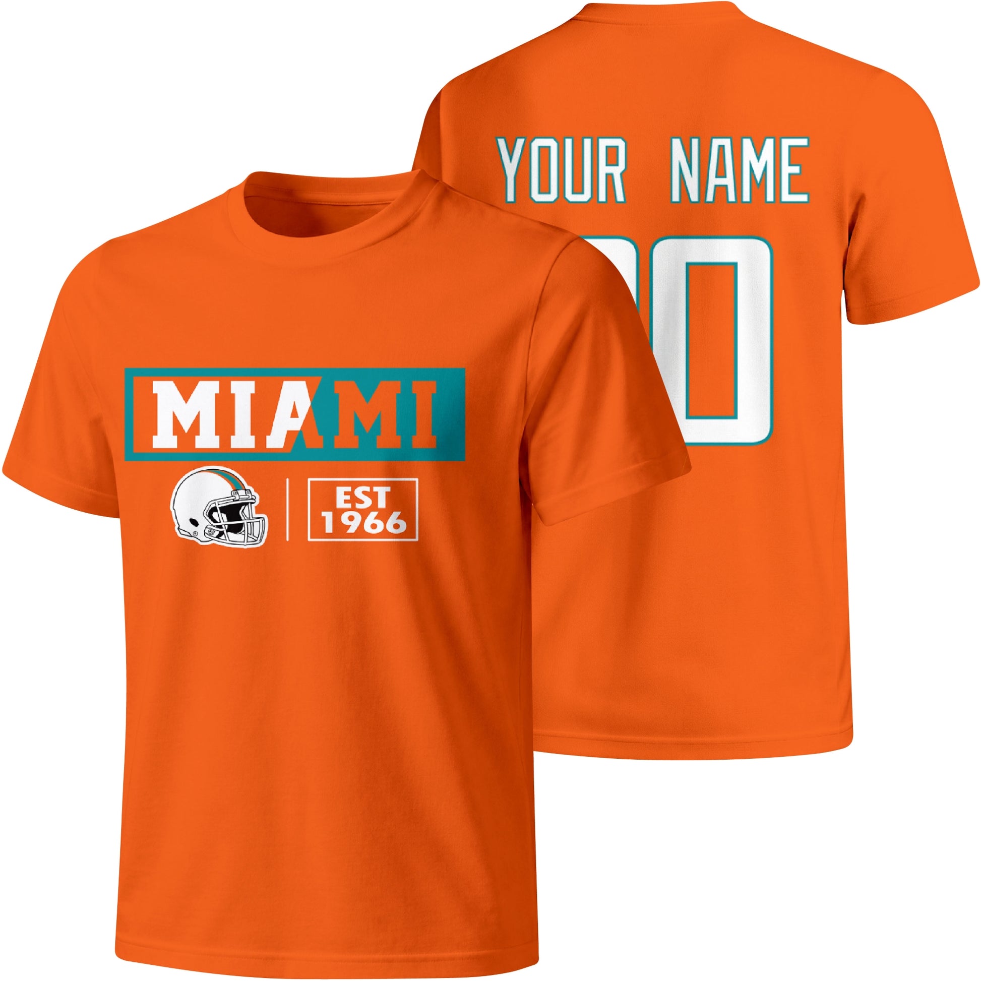 Miami personalized football badge T shirt in Orange showing front city helmet design and back custom name and number