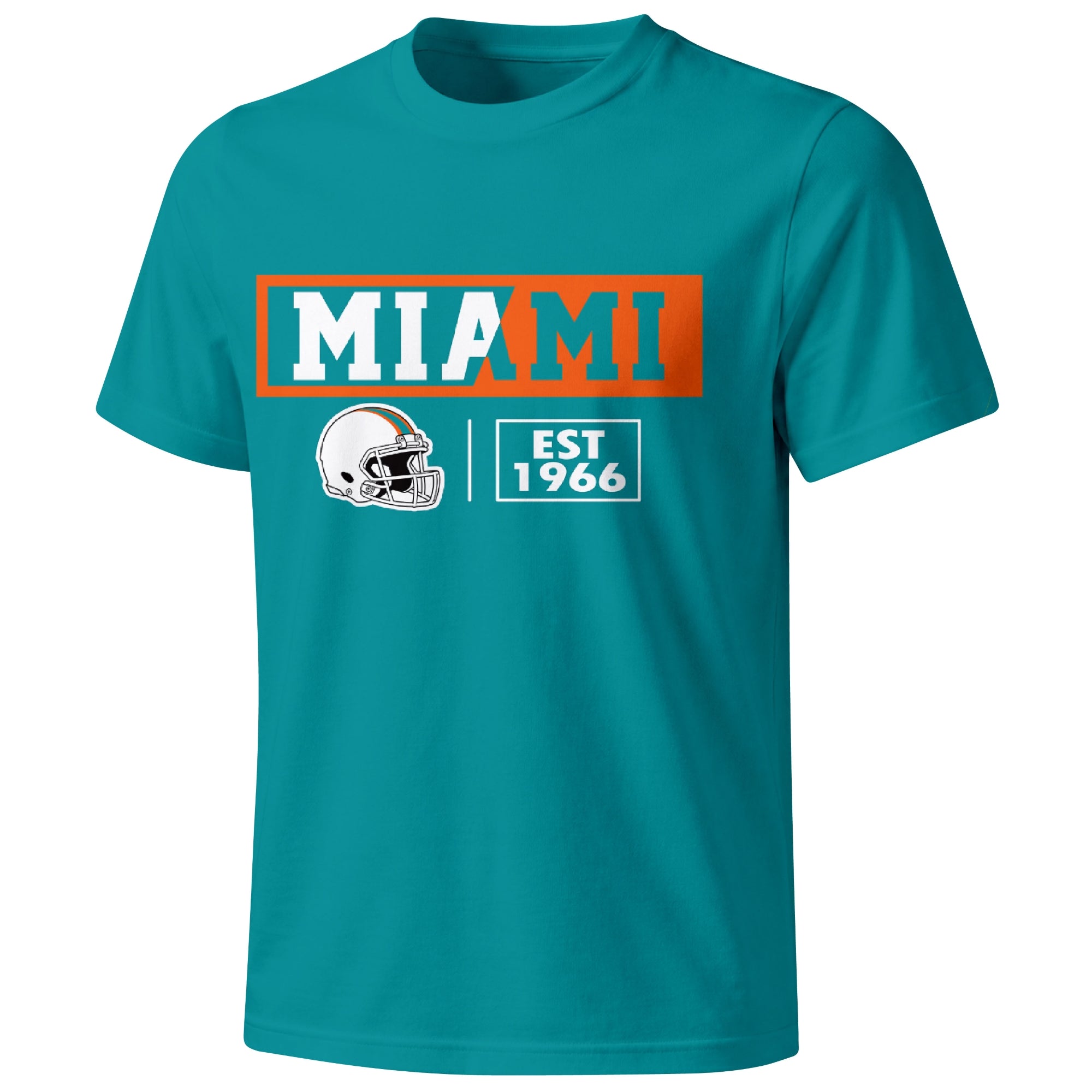 Miami football badge T shirt in Aqua showing the front city and football helmet design